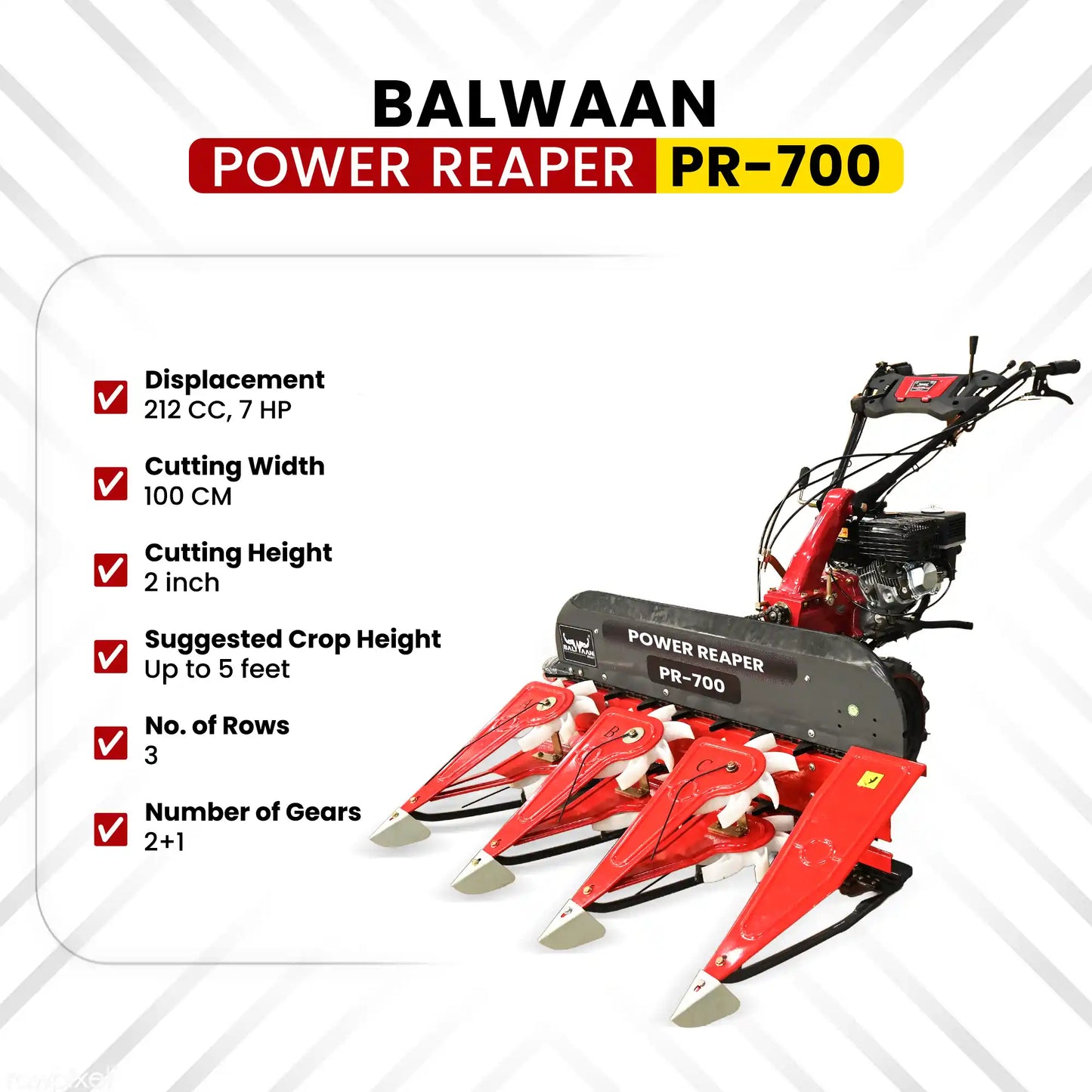Balwaan Power Reaper PR-700 (BP-700+RA-100) | 7 HP 212cc 4-Stroke Engine | 3 Row Crop Harvester with Adjustable Handle &