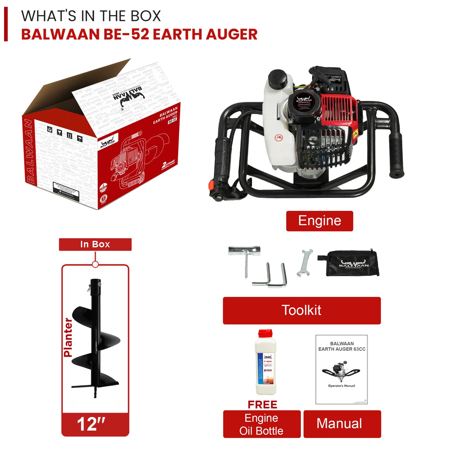 Balwaan 52cc Earth Auger with 12 Inch Planter| BE-52 (12 Inch)