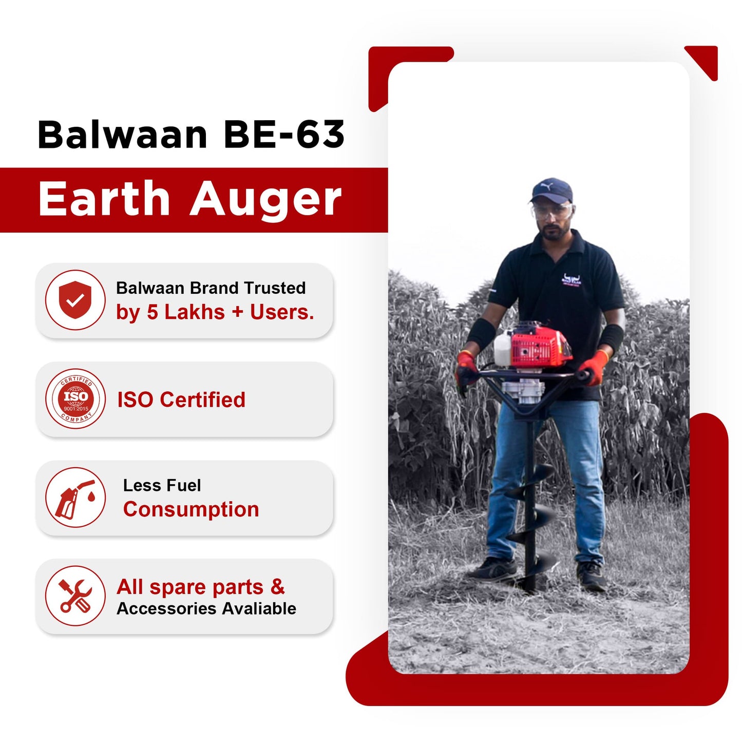 Balwaan BE-63 Earth Auger with 8 & 12 inch Planter | 63 cc 2 Stroke Powerful Heavy Duty Petrol Engine | Suitable for Dig