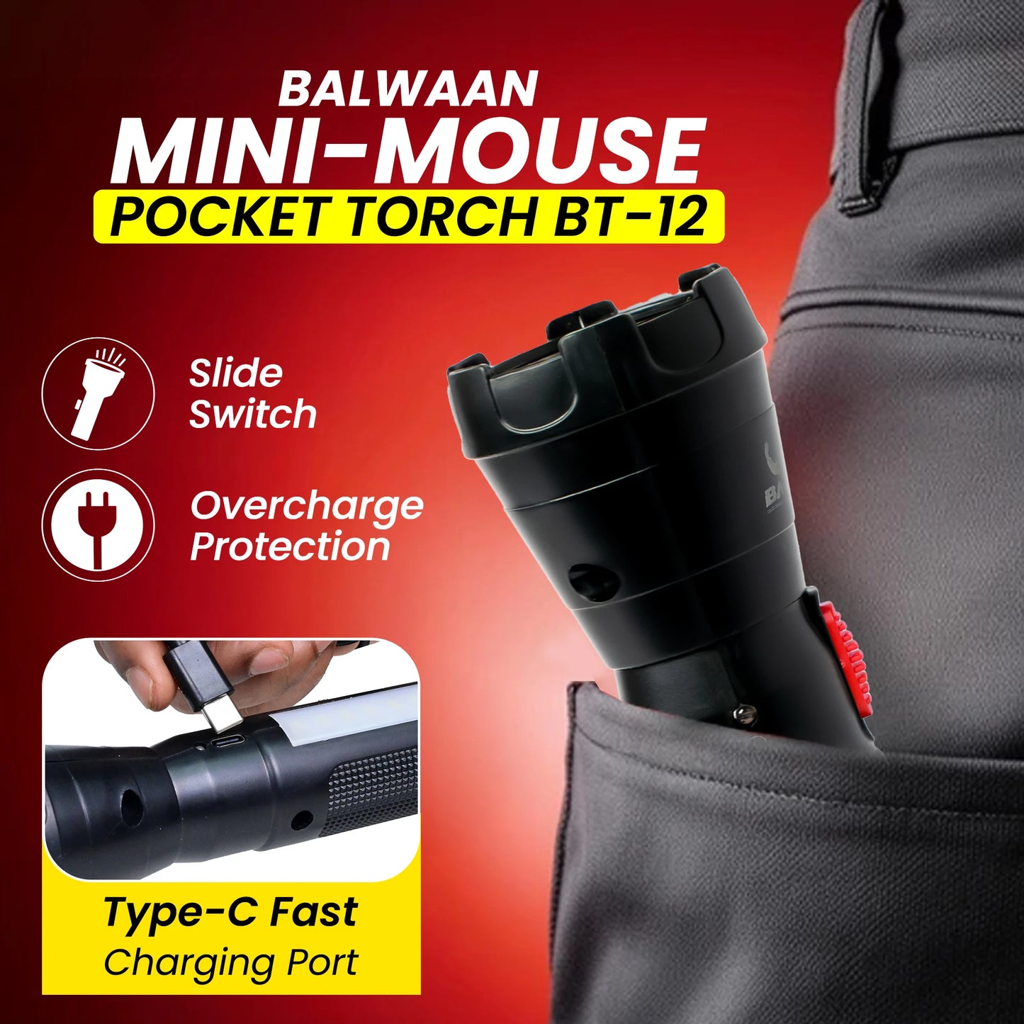 Balwaan Rechargeable BT-12 LED Search Light Torch | Type-C Charging, for Trekking, Agricultural, Outdoor Activities