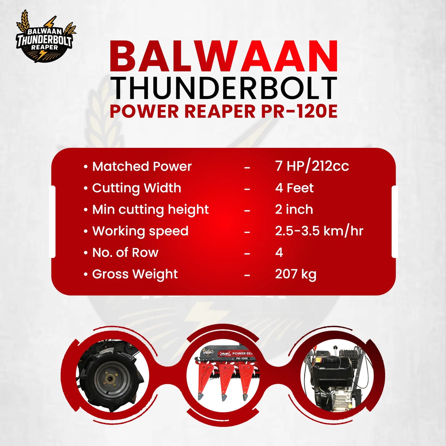 Balwaan Thunderbolt Power Reaper (PR-120E) | 212cc 4-Stroke Engine | Low Fuel Consumption & Heavy-Duty Agricultural Reap