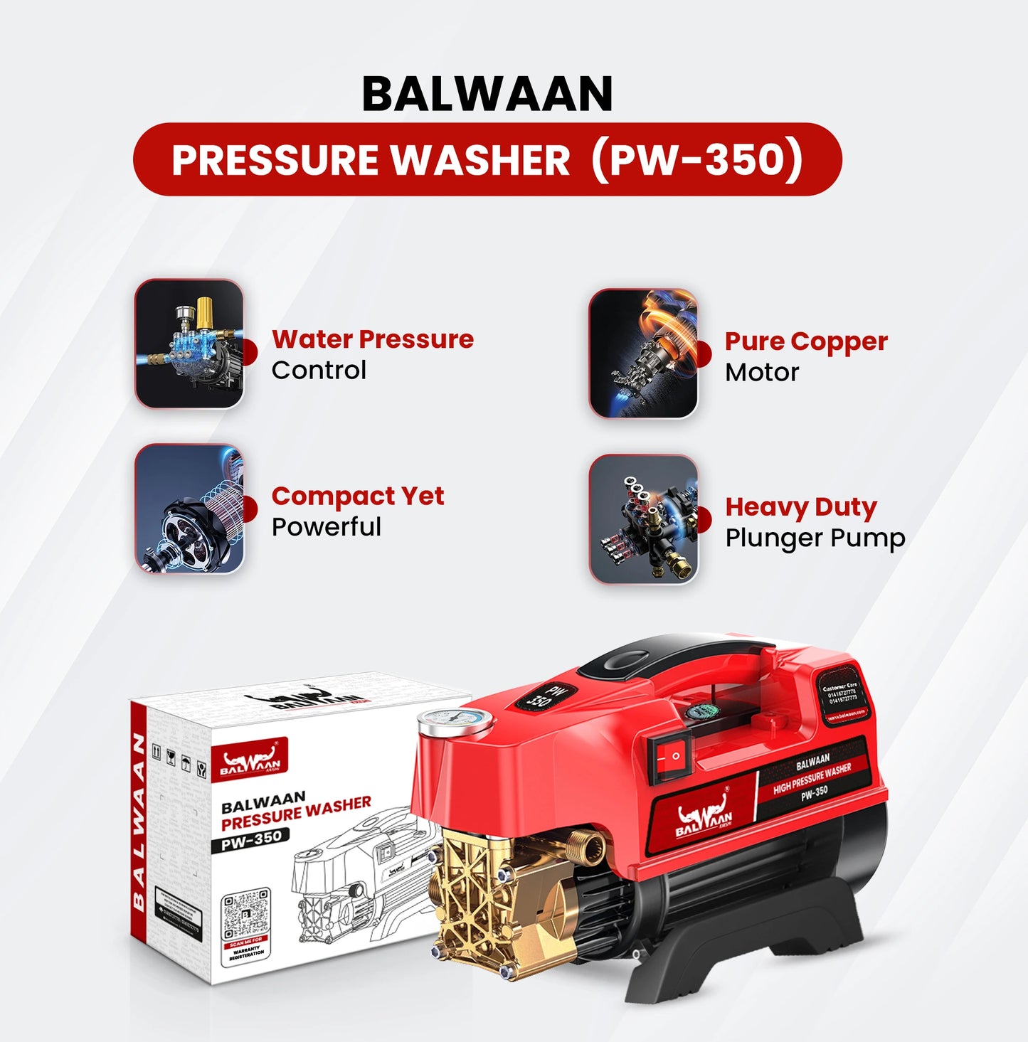 Balwaan Pressure Washer PW-350 | Heavy-Duty Pump Head with Powerful 1800W Copper Motor