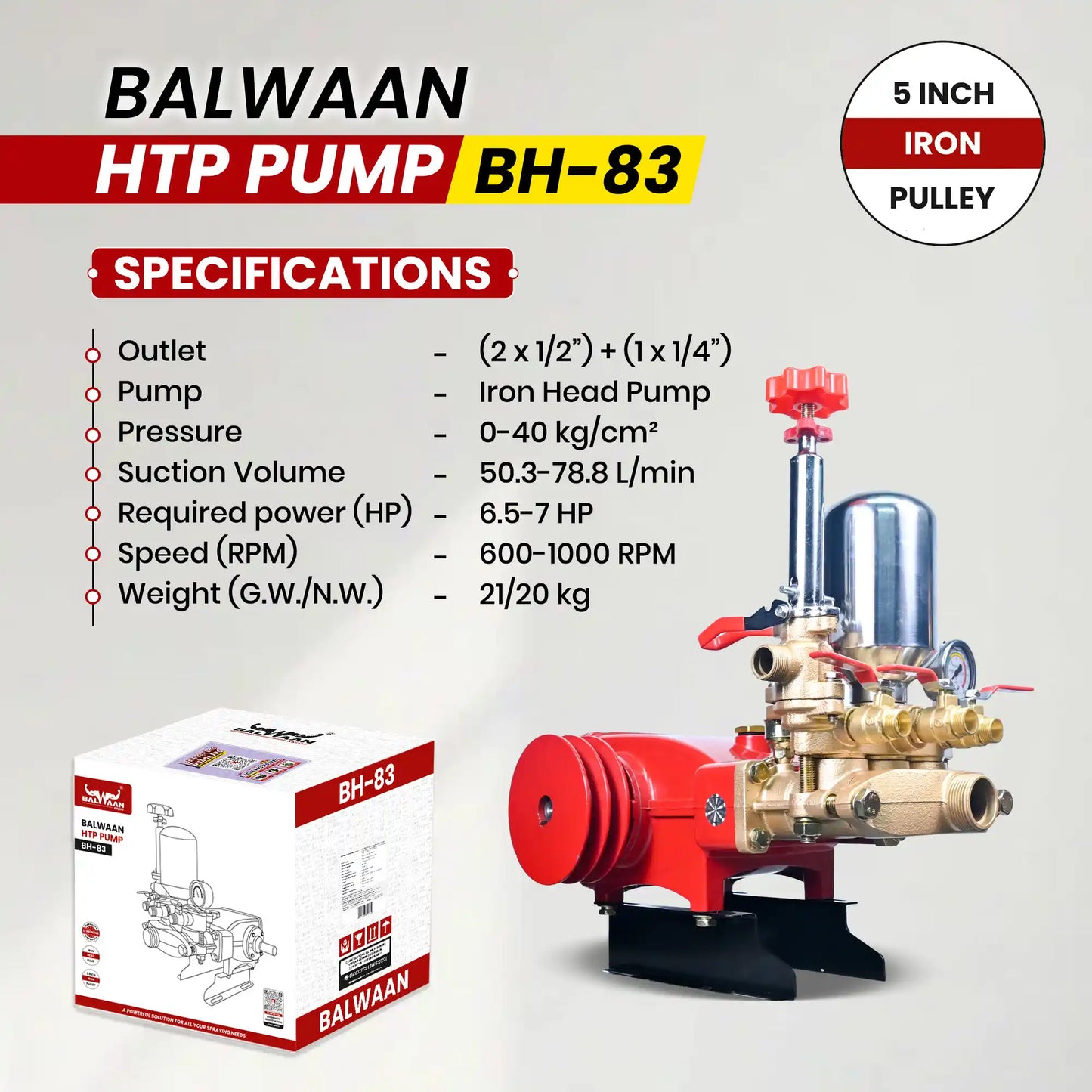 Balwaan HTP Pump BH-83 | Heavy-Duty High Pressure Triple Piston Pump with 5 Inch Iron Pulley for Spraying & Cleaning