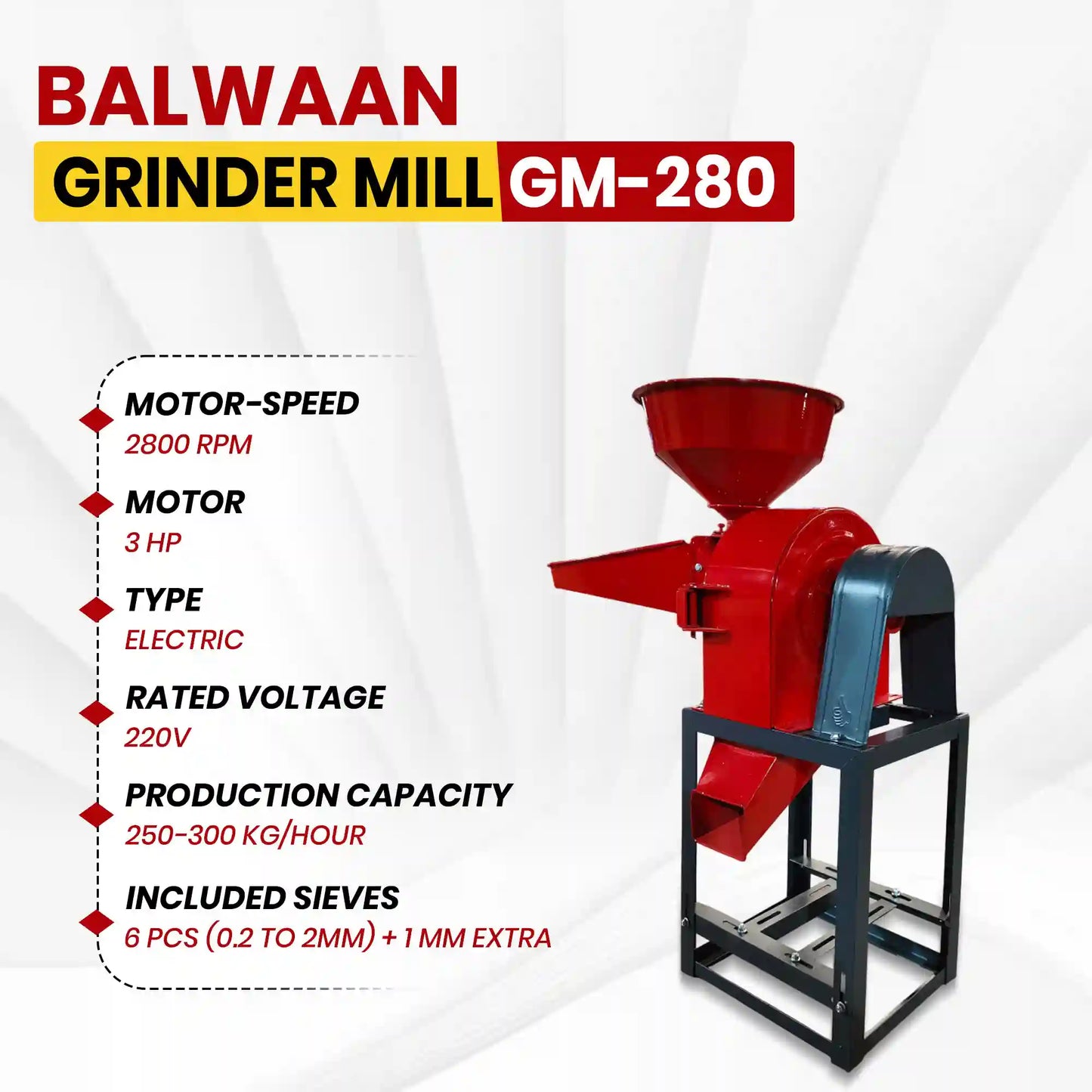 Balwaan GM-280 Electric Grinder Mill | 3 HP Heavy-Duty Commercial Pulverizer for Grains, Spices, & Dry Food – 2800 RPM, 