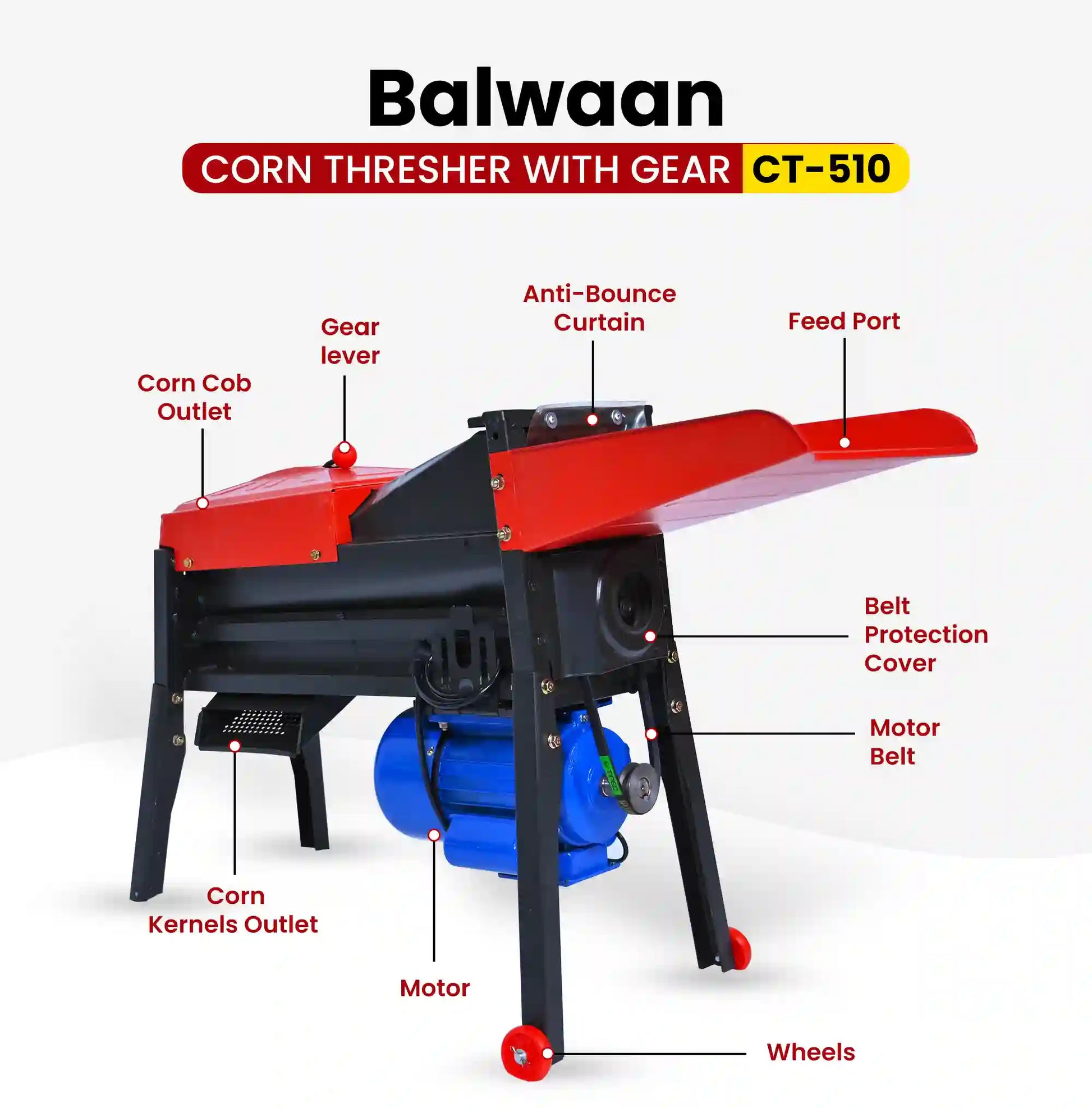 Balwaan CT-510 Corn Thresher with Gear | 1.3HP Electric Corn Sheller Machine | 2800 RPM | 1000 Kg/hr Output