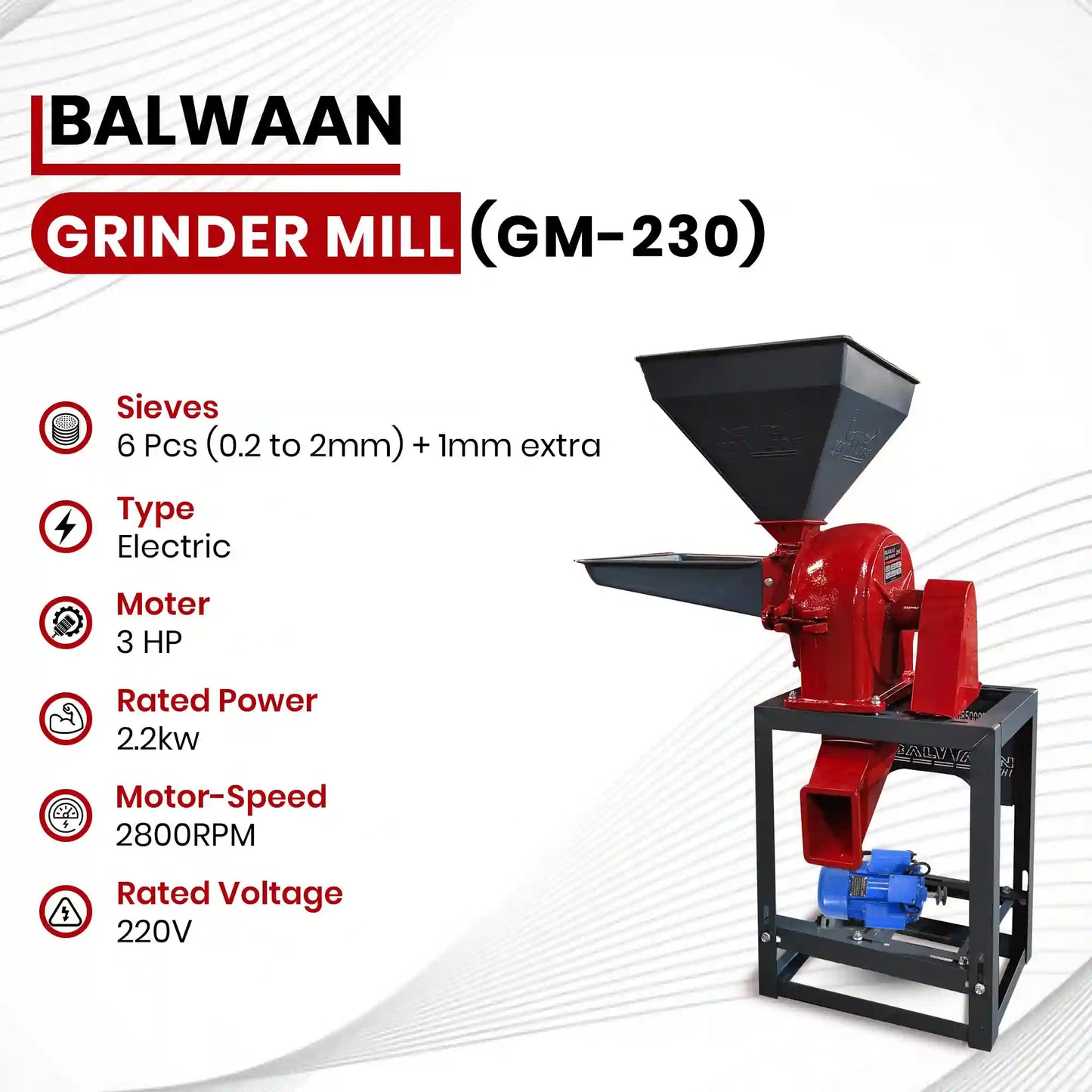 Balwaan Grinder Mill GM-230 | 3 HP Copper Motor | 200 kg/h Capacity | Commercial Electric Flour Mill