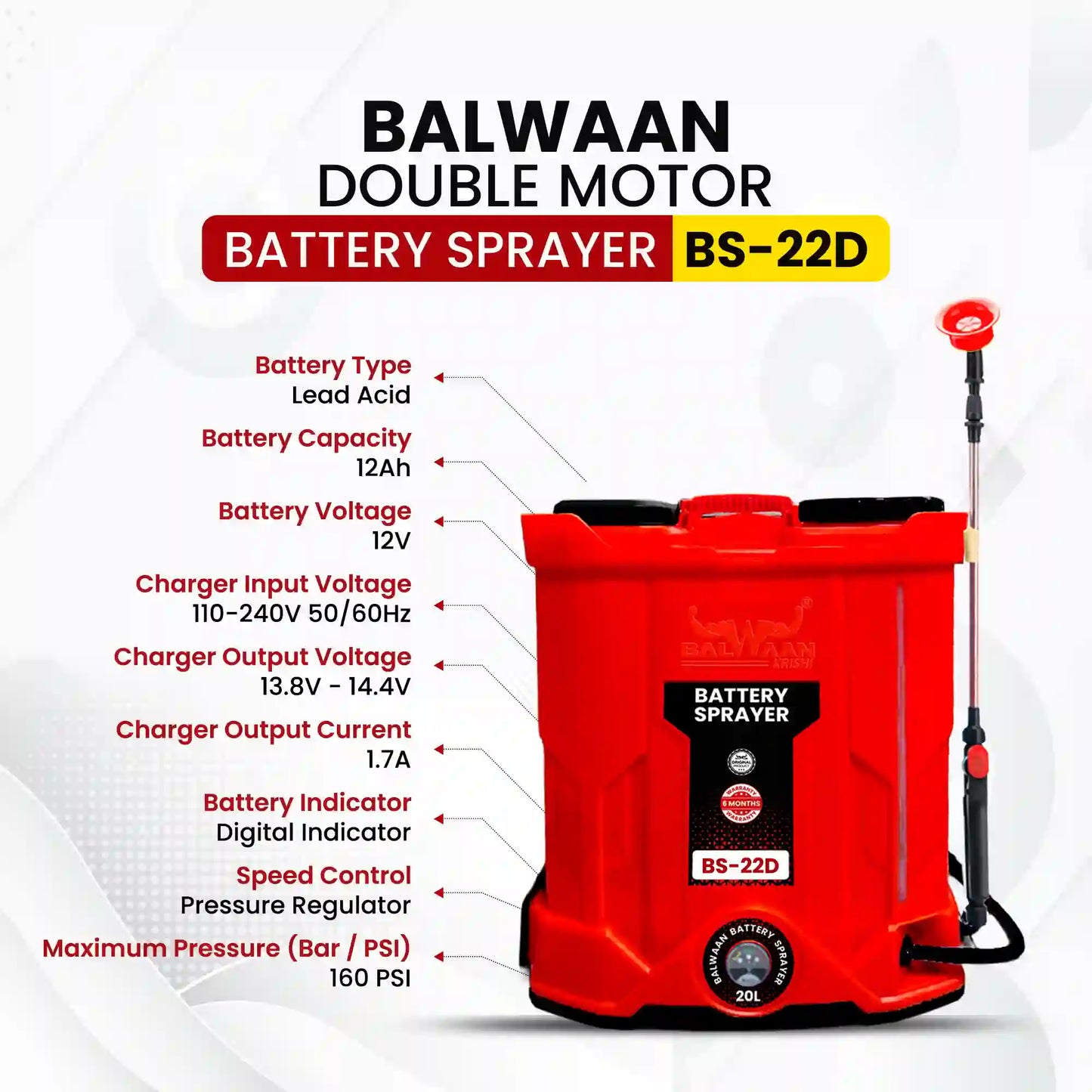 Balwaan Double Motor Battery Sprayer BS-22D | 12 Volts x 12 Ampere | High Pressure up to 20 feet Spray | 20 Litre Tank C