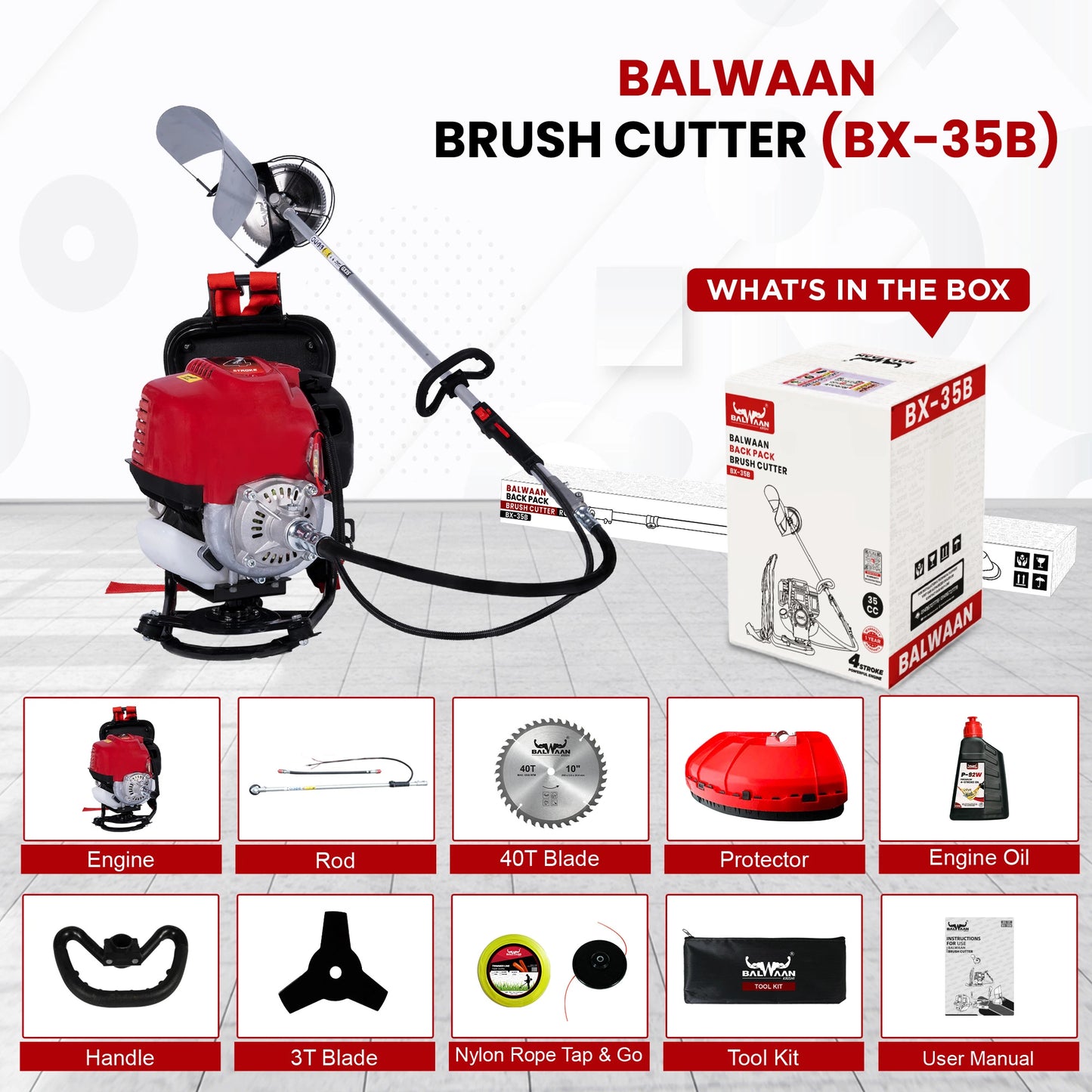 Balwaan BX-35B Back-pack crop cum grass cutter | 35 cc 4 Stroke Engine | Petrol Operated with Heavy Duty 80 Teeth,3T and