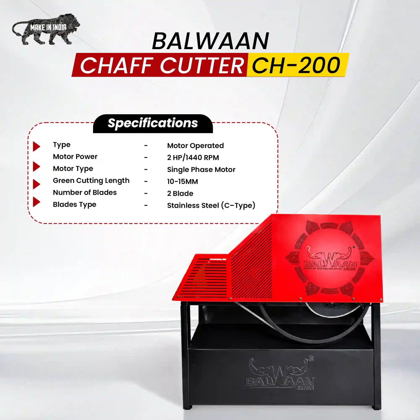 Balwaan CH-200 Chaff Cutter Machine With 2HP Motor | 500-600 kg/hr Electric Fodder Cutting Machine for Cattle
