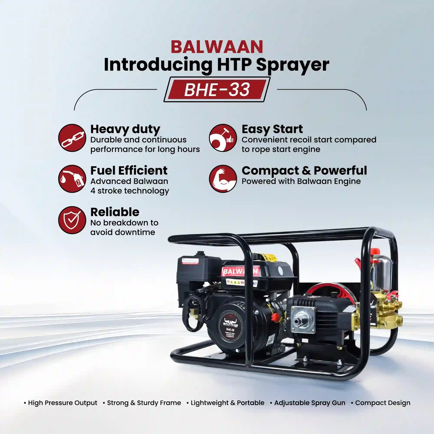 Balwaan 33 No. HTP Sprayer with 6.5HP Engine & 50 Mtr. Hose | BHE-33