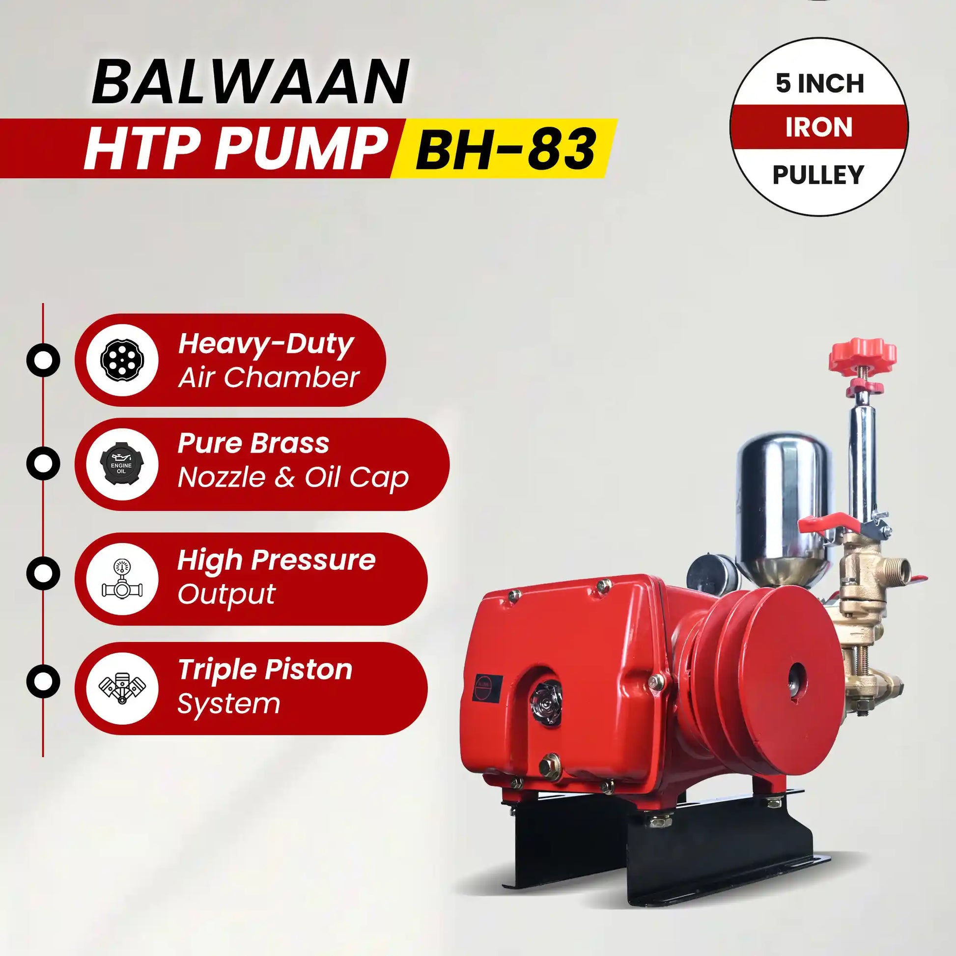 Balwaan HTP Pump BH-83 | Heavy-Duty High Pressure Triple Piston Pump with 5 Inch Iron Pulley for Spraying & Cleaning