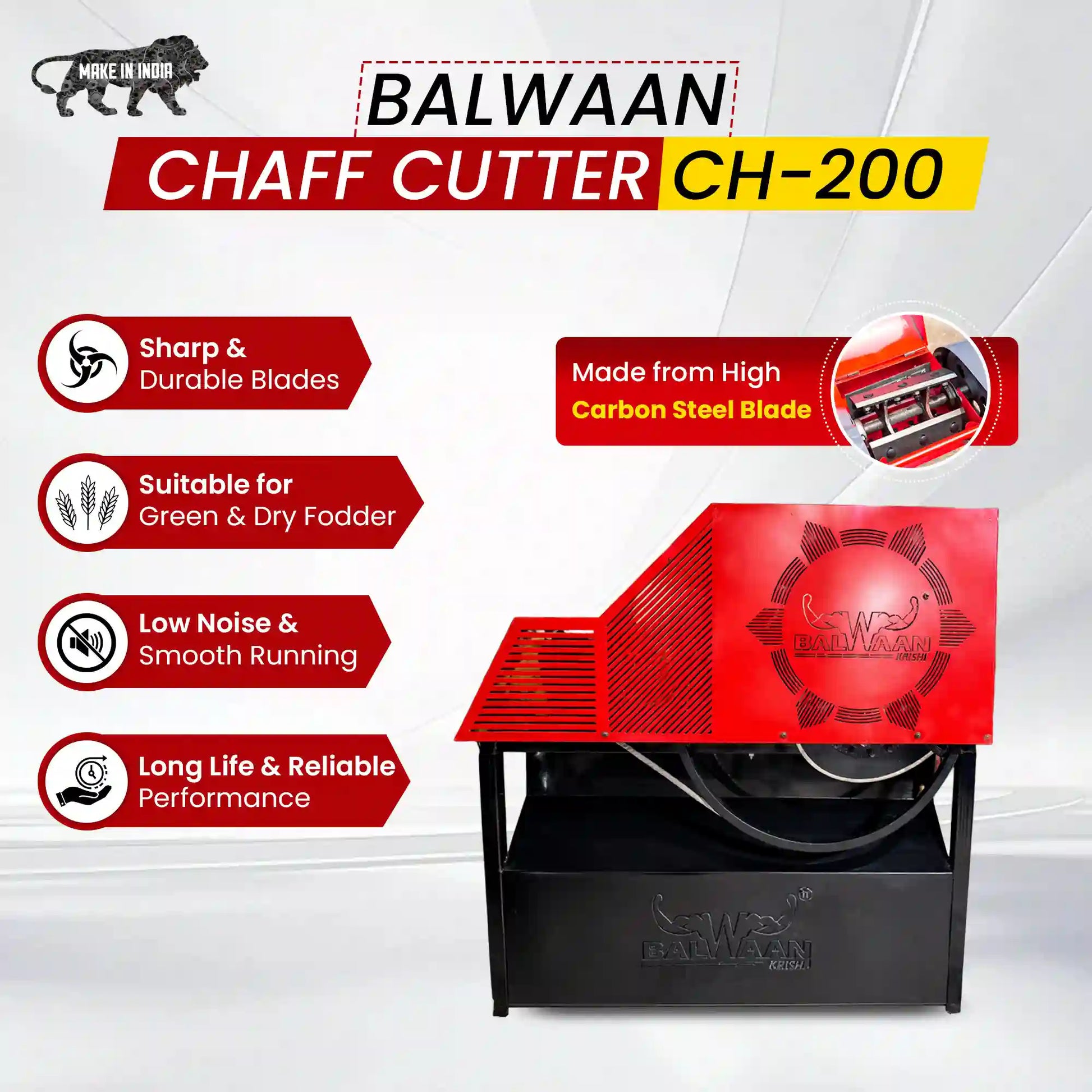 Balwaan CH-200 Chaff Cutter Machine With 2HP Motor | 500-600 kg/hr Electric Fodder Cutting Machine for Cattle