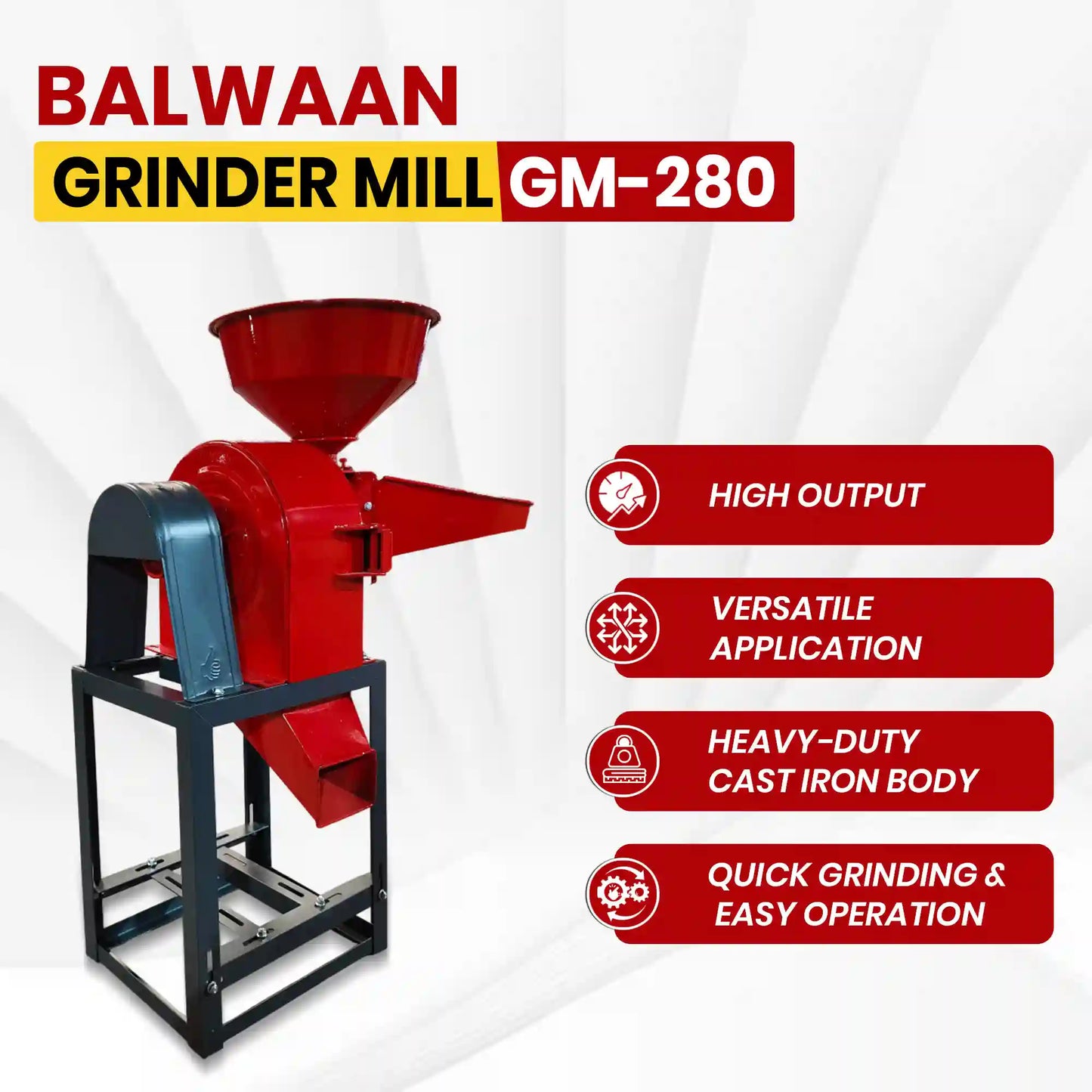 Balwaan GM-280 Electric Grinder Mill | 3 HP Heavy-Duty Commercial Pulverizer for Grains, Spices, & Dry Food – 2800 RPM, 