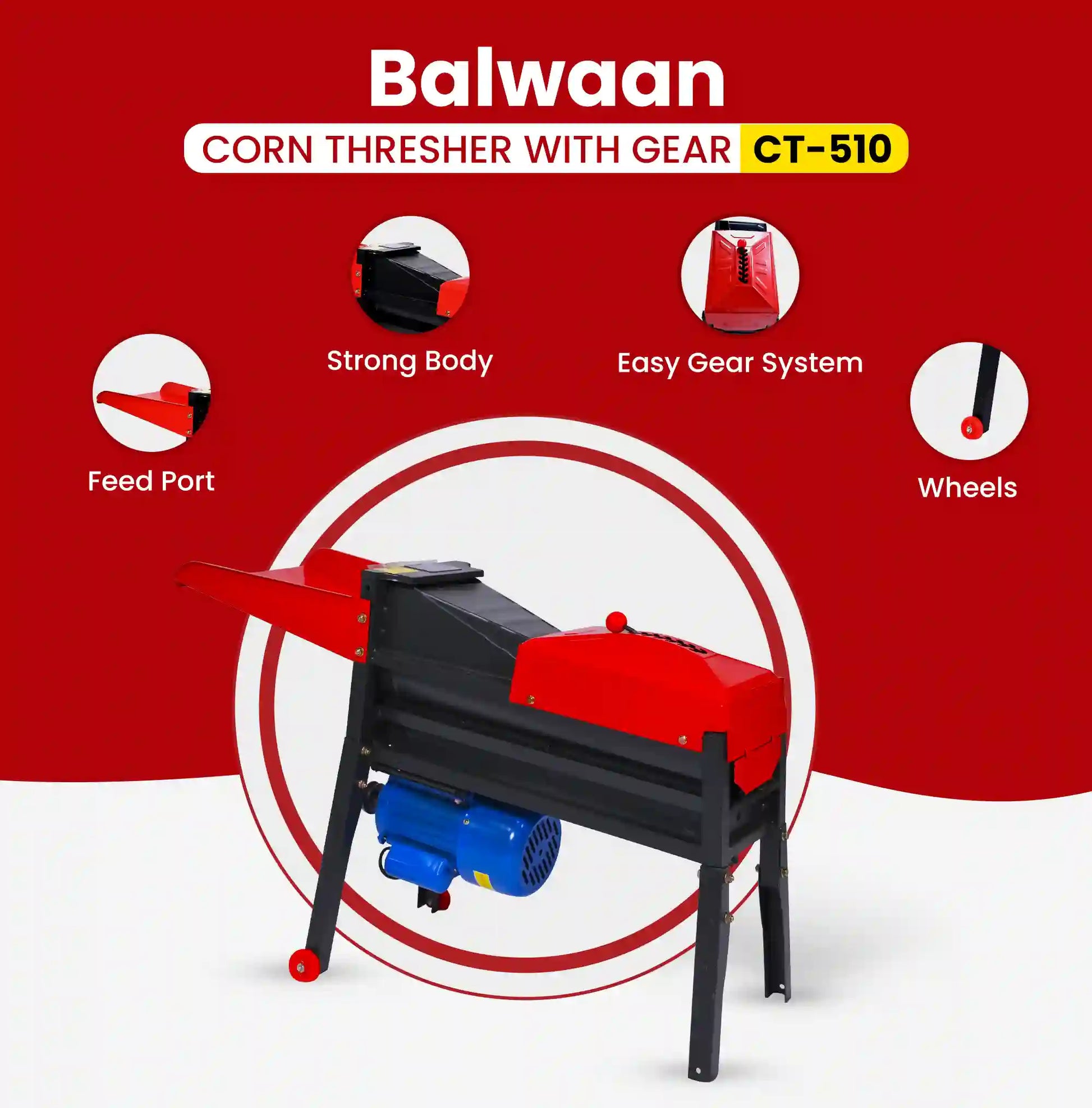 Balwaan CT-510 Corn Thresher with Gear | 1.3HP Electric Corn Sheller Machine | 2800 RPM | 1000 Kg/hr Output