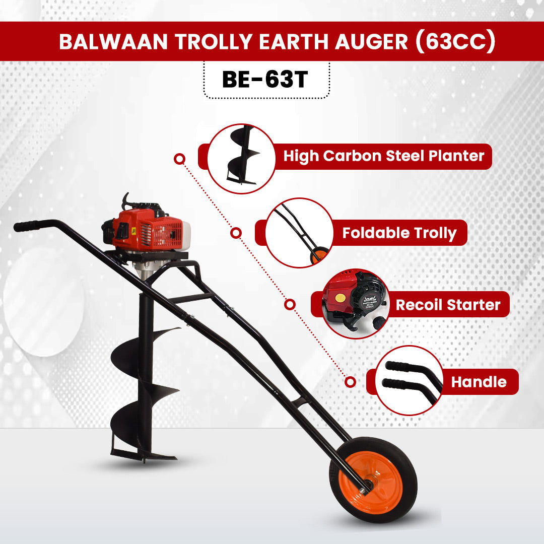 Balwaan Trolly Earth Auger with 8 Inch & 12 Inch Planter| 63cc