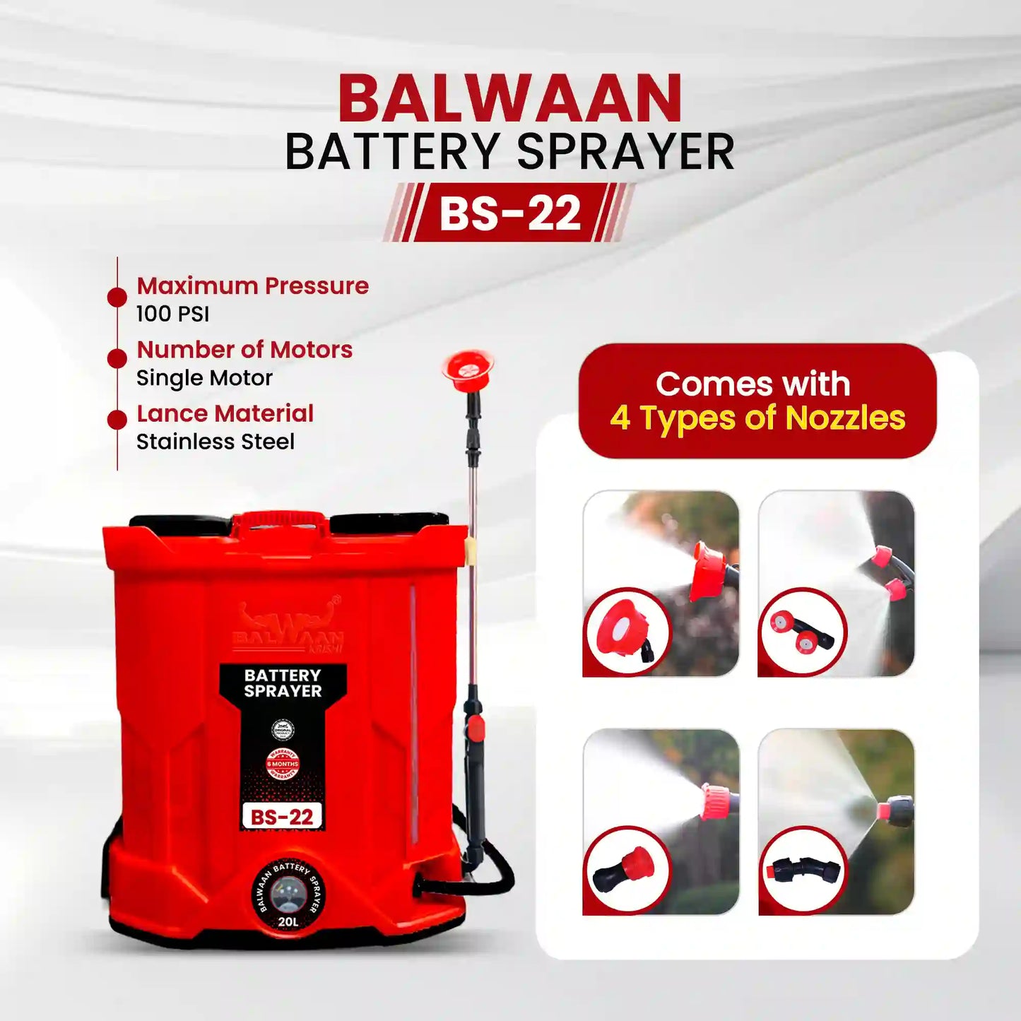 Balwaan BS-22 Single Motor Battery Sprayer| 12x12