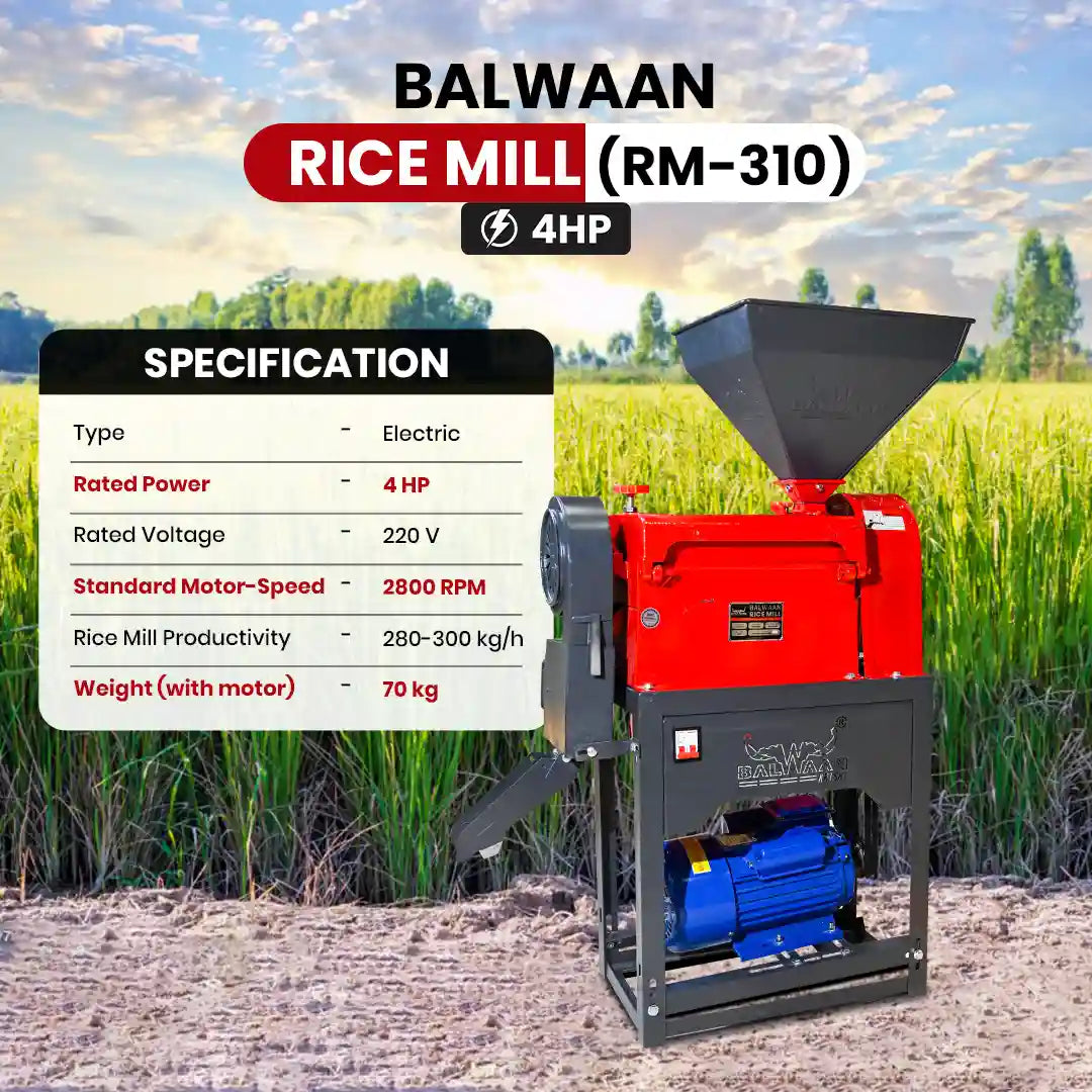 Balwaan RM-310 Rice Mill Machine with 4HP Motor | 280–300 kg/hr Capacity | Electric Paddy to Rice Mill for Home & Small 