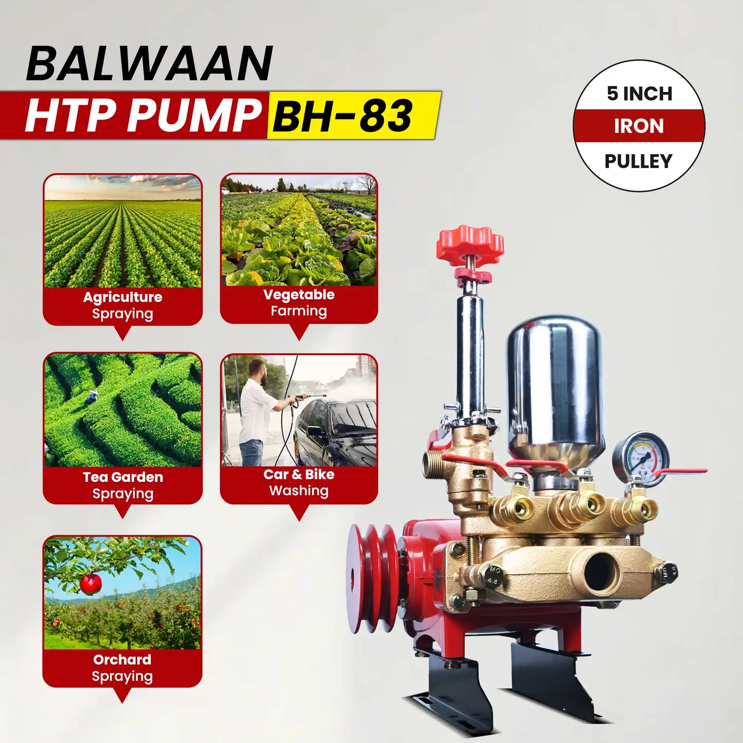 Balwaan HTP Pump BH-83 | Heavy-Duty High Pressure Triple Piston Pump with 5 Inch Iron Pulley for Spraying & Cleaning
