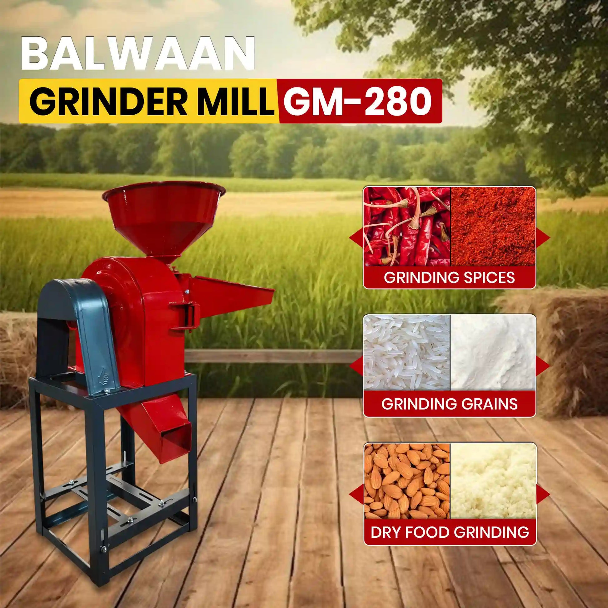 Balwaan GM-280 Electric Grinder Mill | 3 HP Heavy-Duty Commercial Pulverizer for Grains, Spices, & Dry Food – 2800 RPM, 