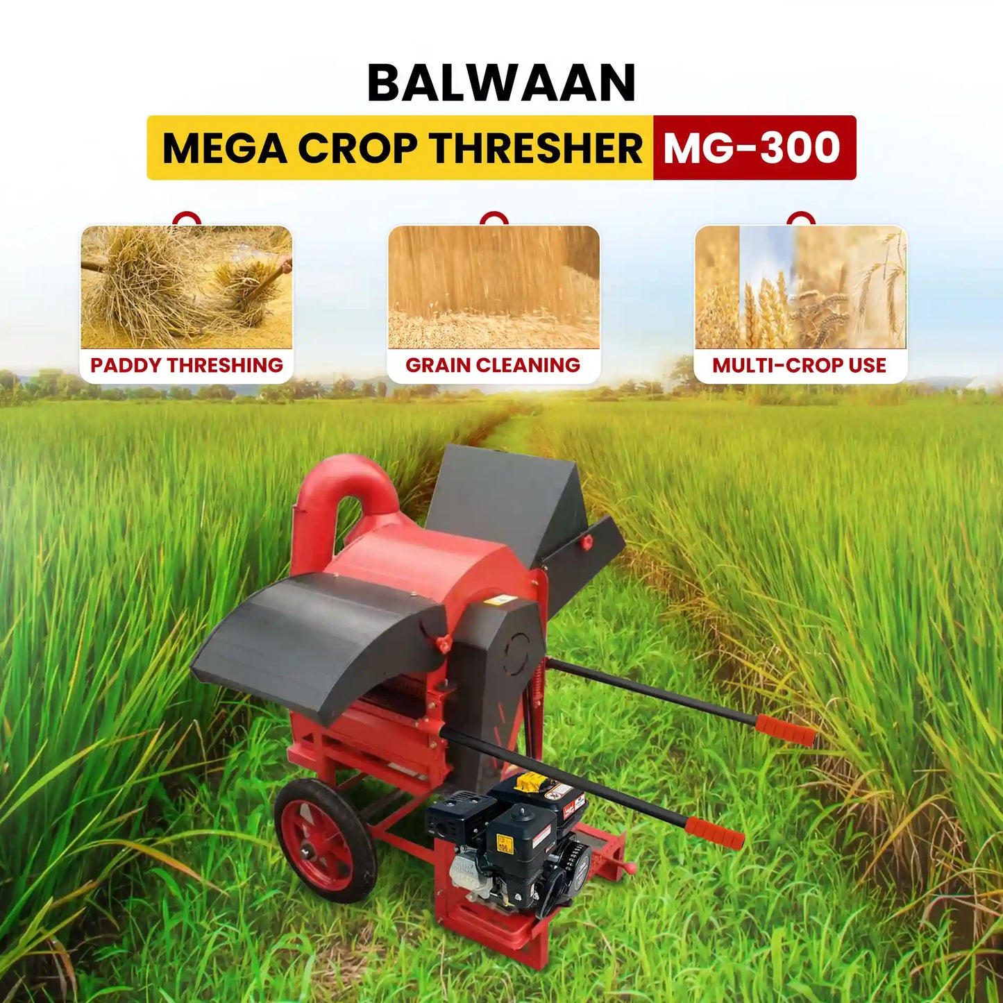 Balwaan Mega Crop Thresher MG-300 | 6.5 HP Engine | 1000 kg/h Capacity | Multi-Crop Threshing Solution