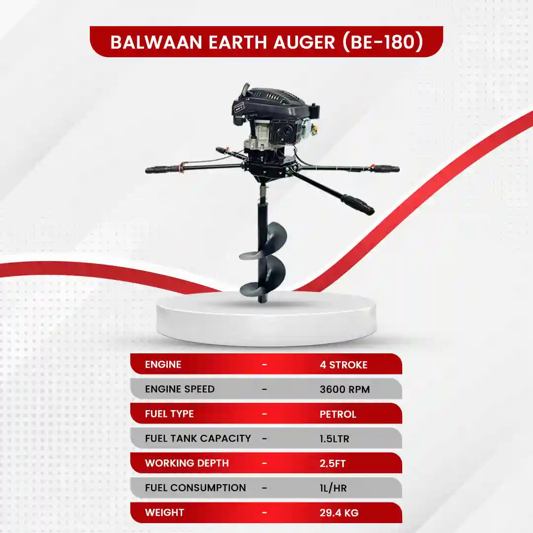 Balwaan Earth Auger BE-180 173CC 4 Stroke Petrol Post Hole Digger Machine |Two Men Operated Heavy Duty Auger for Tree Pl