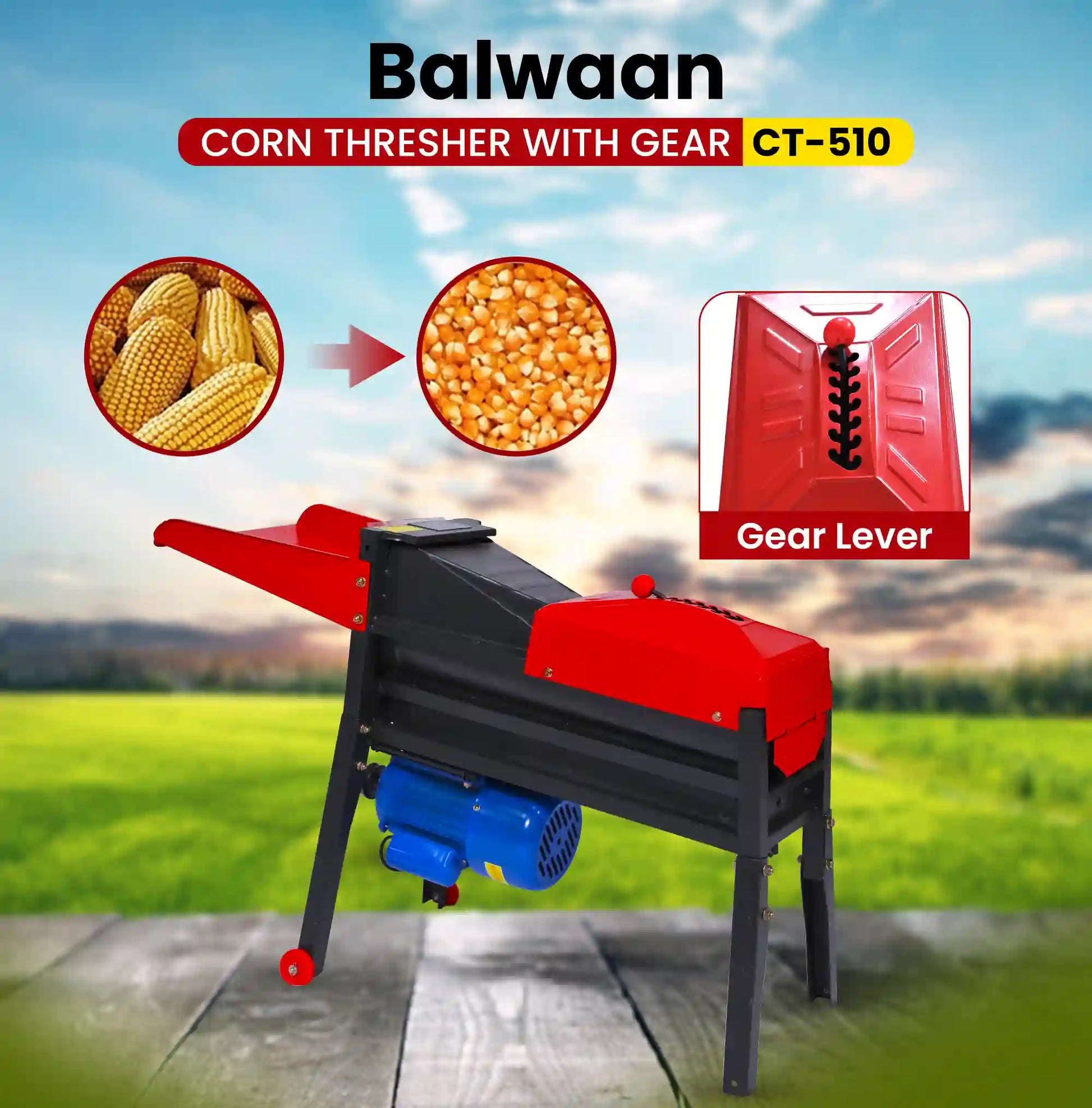 Balwaan CT-510 Corn Thresher with Gear | 1.3HP Electric Corn Sheller Machine | 2800 RPM | 1000 Kg/hr Output