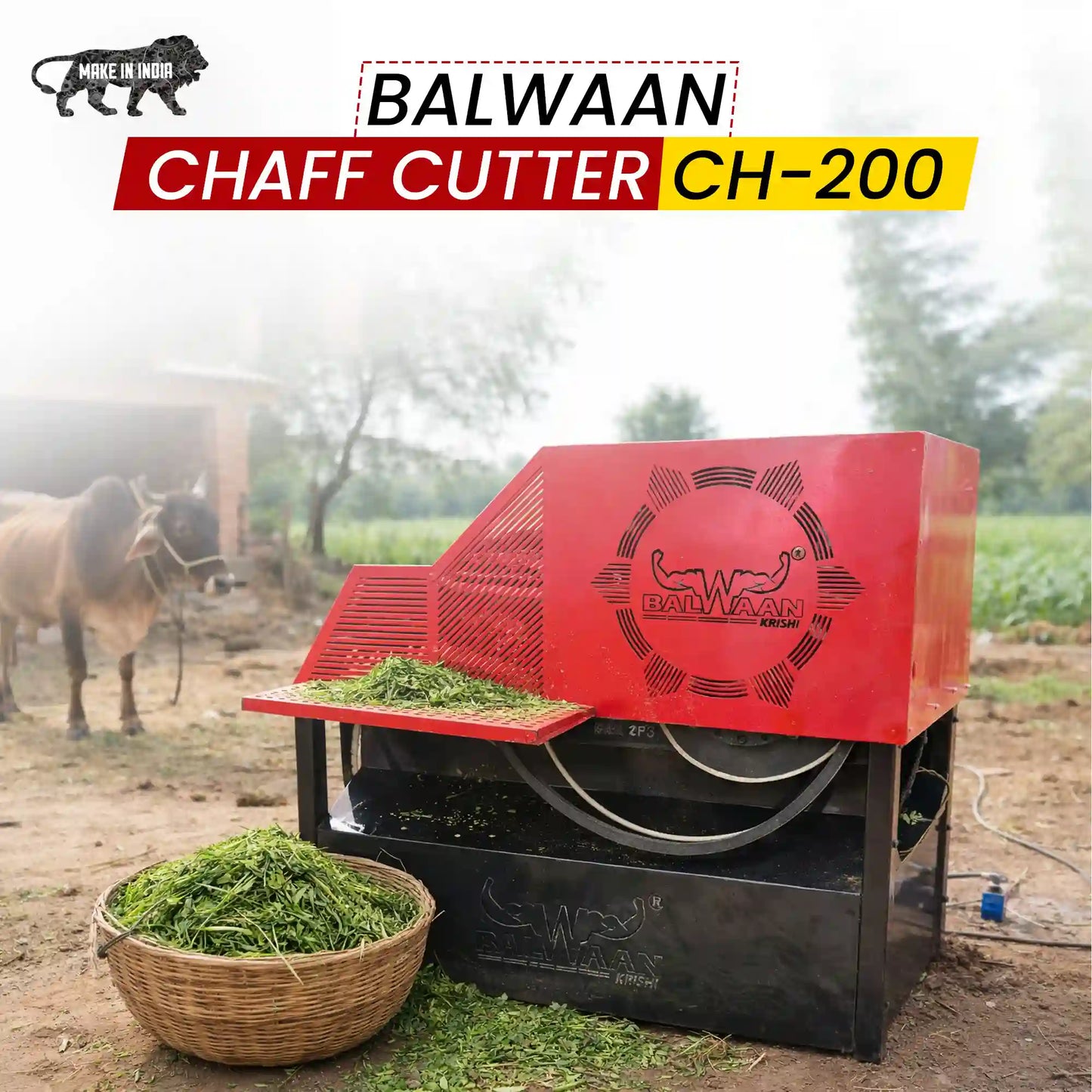 Balwaan CH-200 Chaff Cutter Machine With 2HP Motor | 500-600 kg/hr Electric Fodder Cutting Machine for Cattle