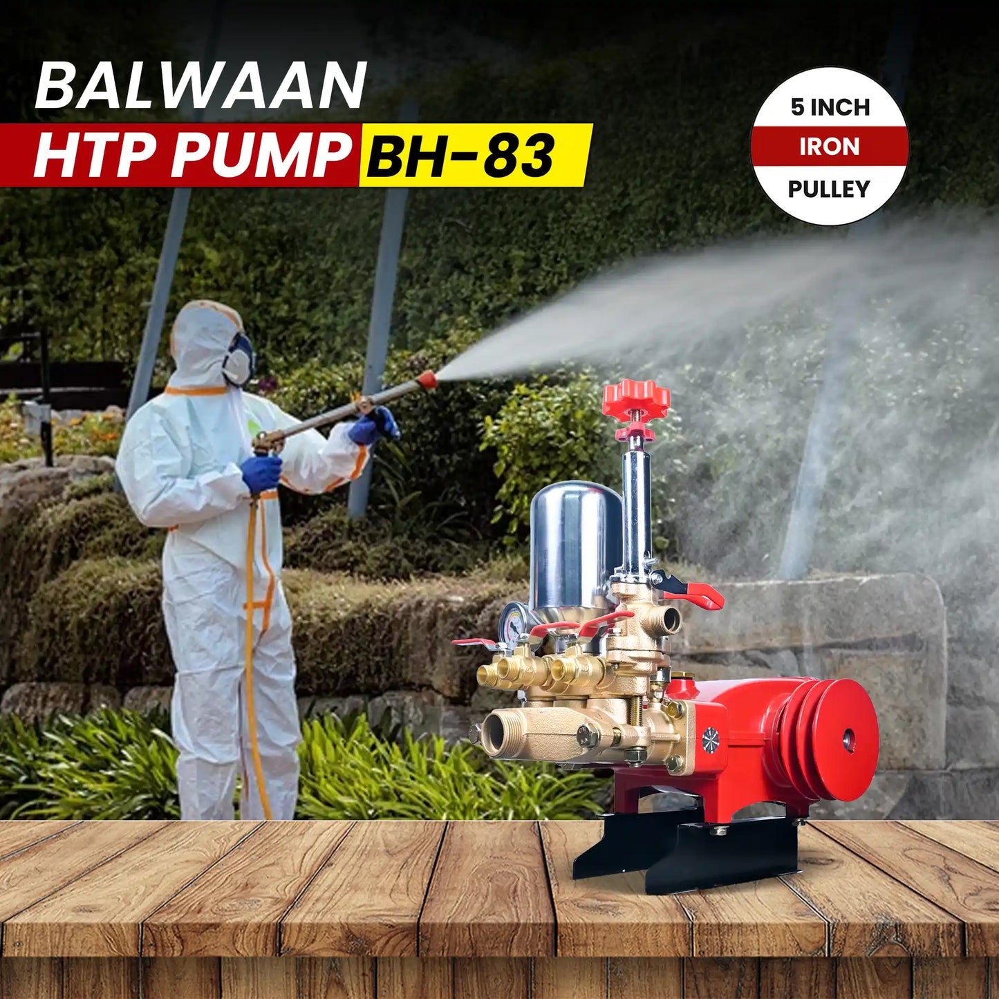 Balwaan HTP Pump BH-83 | Heavy-Duty High Pressure Triple Piston Pump with 5 Inch Iron Pulley for Spraying & Cleaning