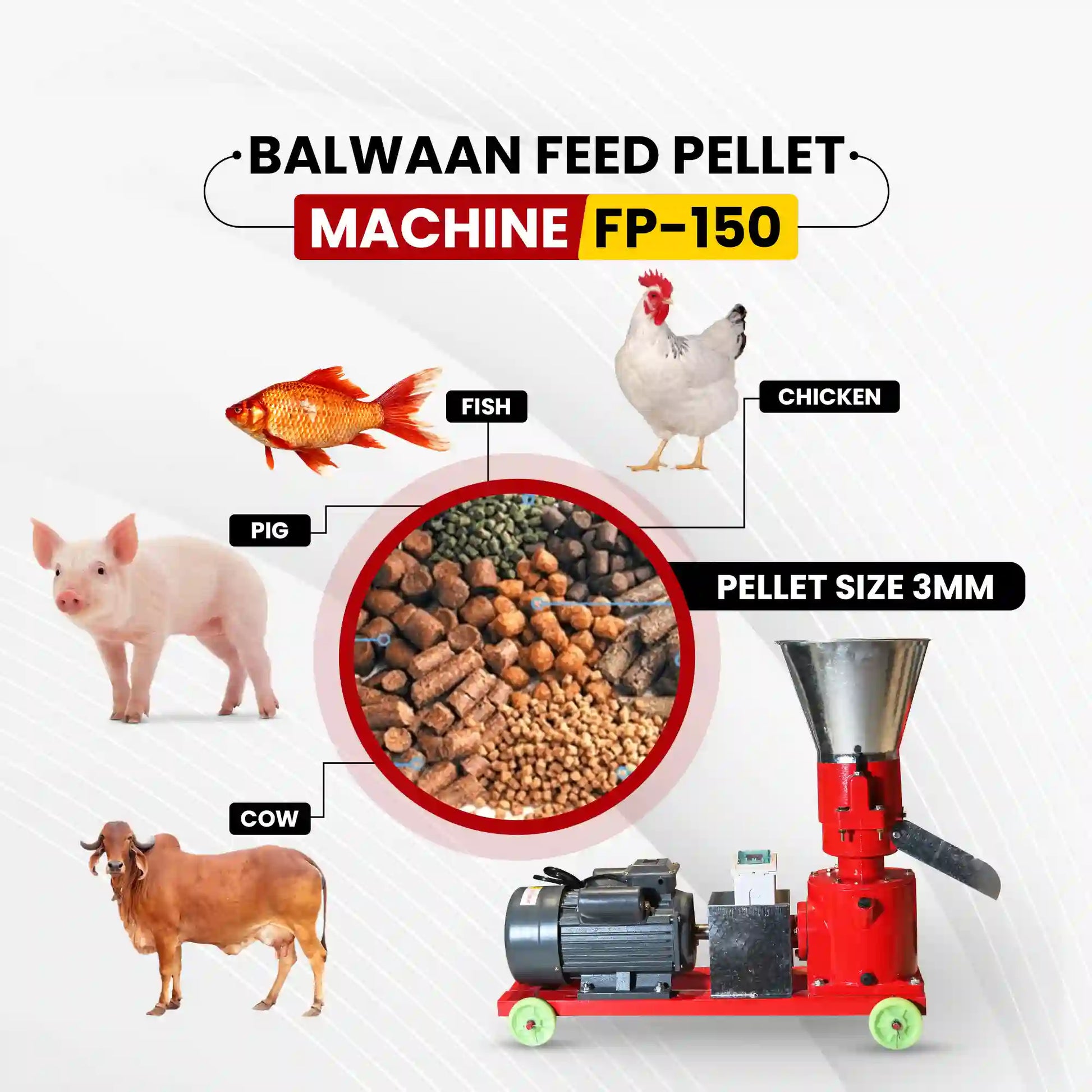 Balwaan FP-150 Feed Pellet Machine | 4 HP Copper Motor, 2800 RPM Cattle & Poultry Feed Maker with 3mm Pellet Die | Best 