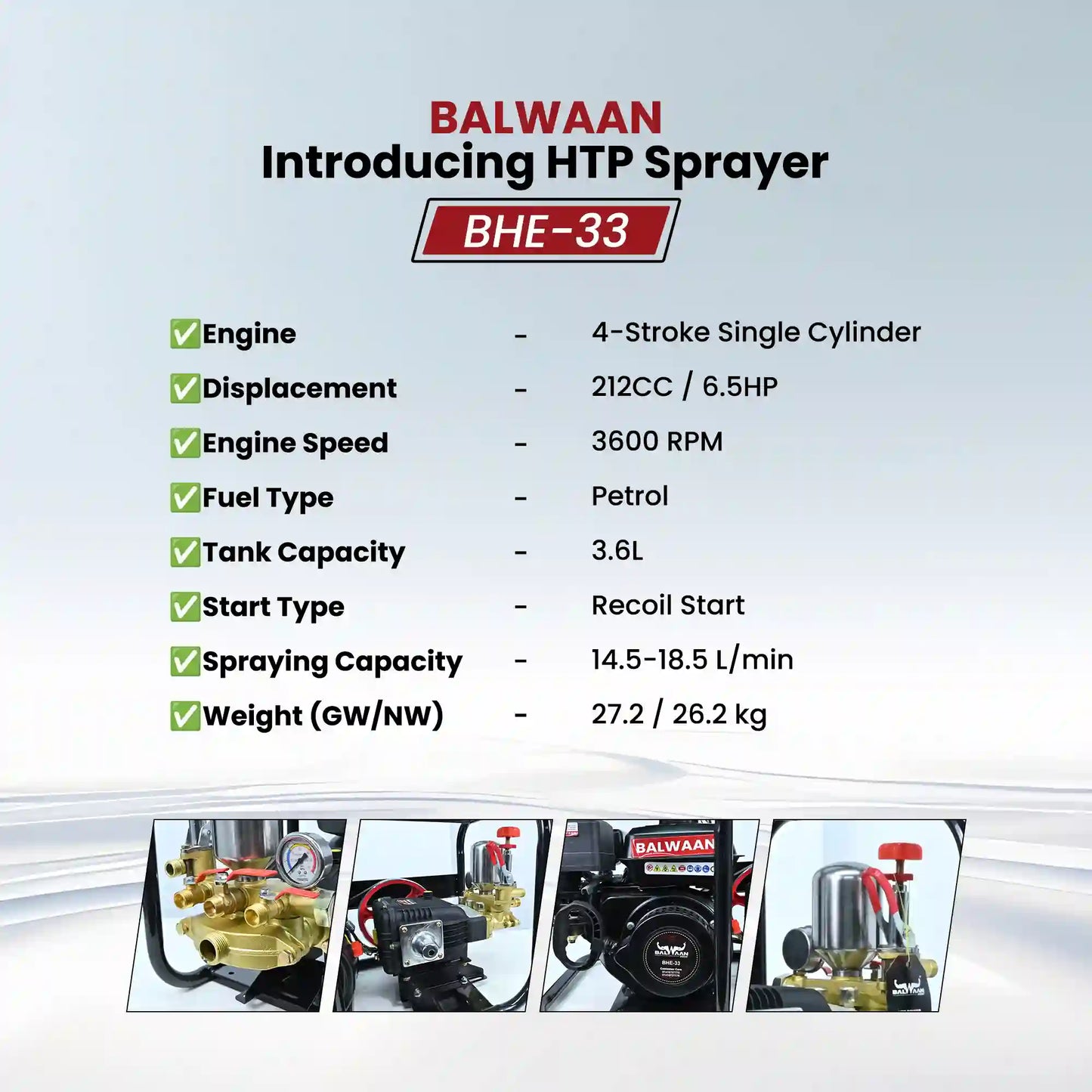 Balwaan 33 No. HTP Sprayer with 6.5HP Engine & 50 Mtr. Hose | BHE-33