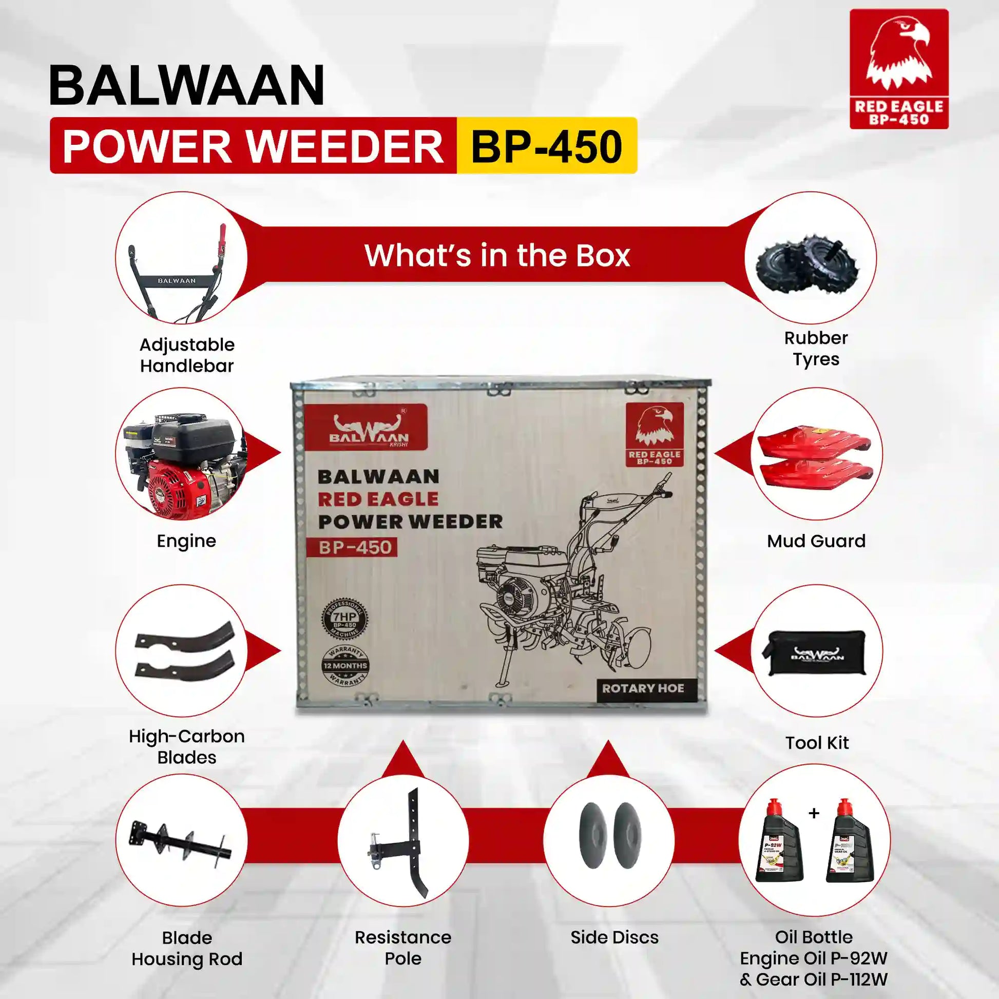 7HP Red Eagle Power Weeder BP- 450 | Recoil Starter | Perfect for Soil Preparation & Weeding