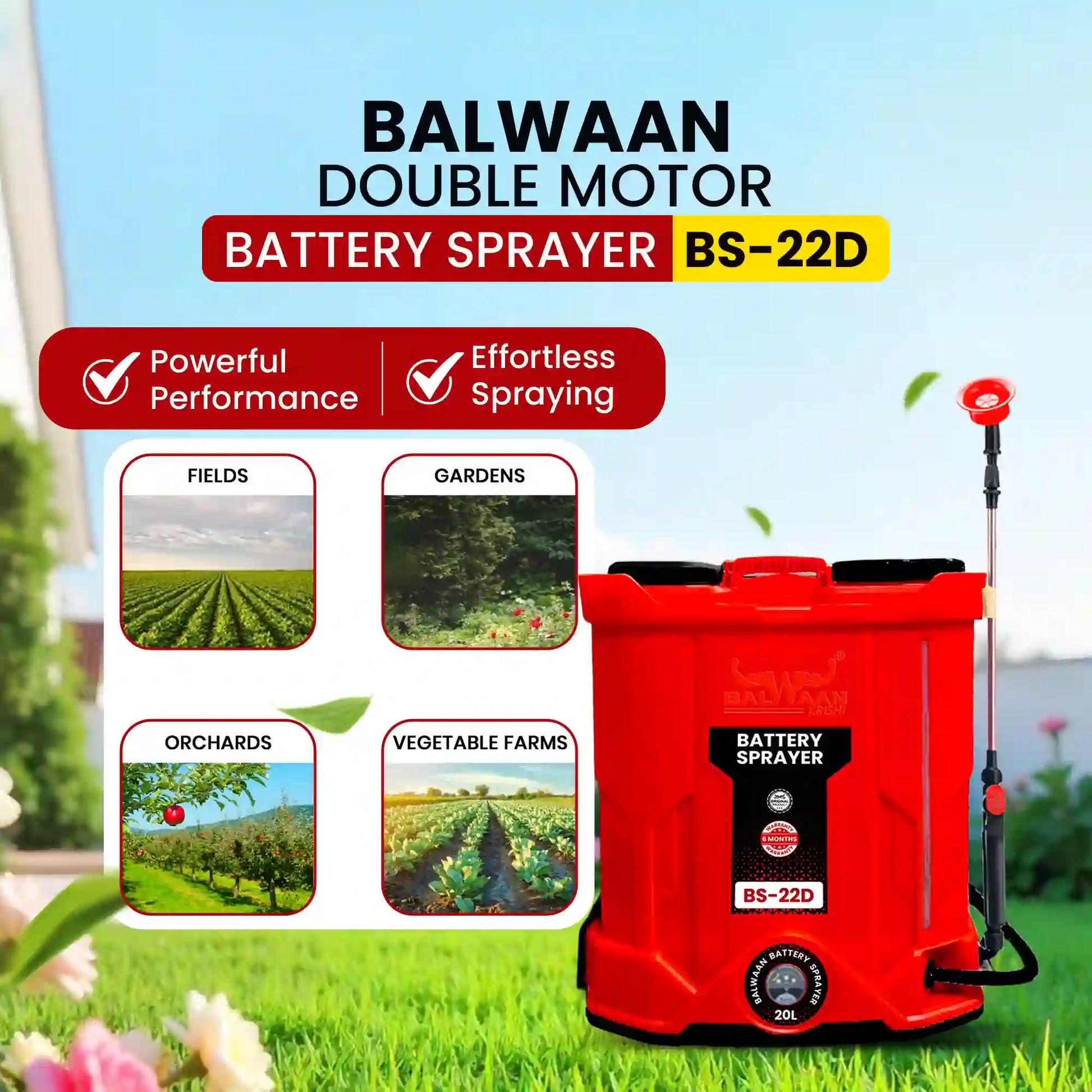 Balwaan Double Motor Battery Sprayer BS-22D | 12 Volts x 12 Ampere | High Pressure up to 20 feet Spray | 20 Litre Tank C