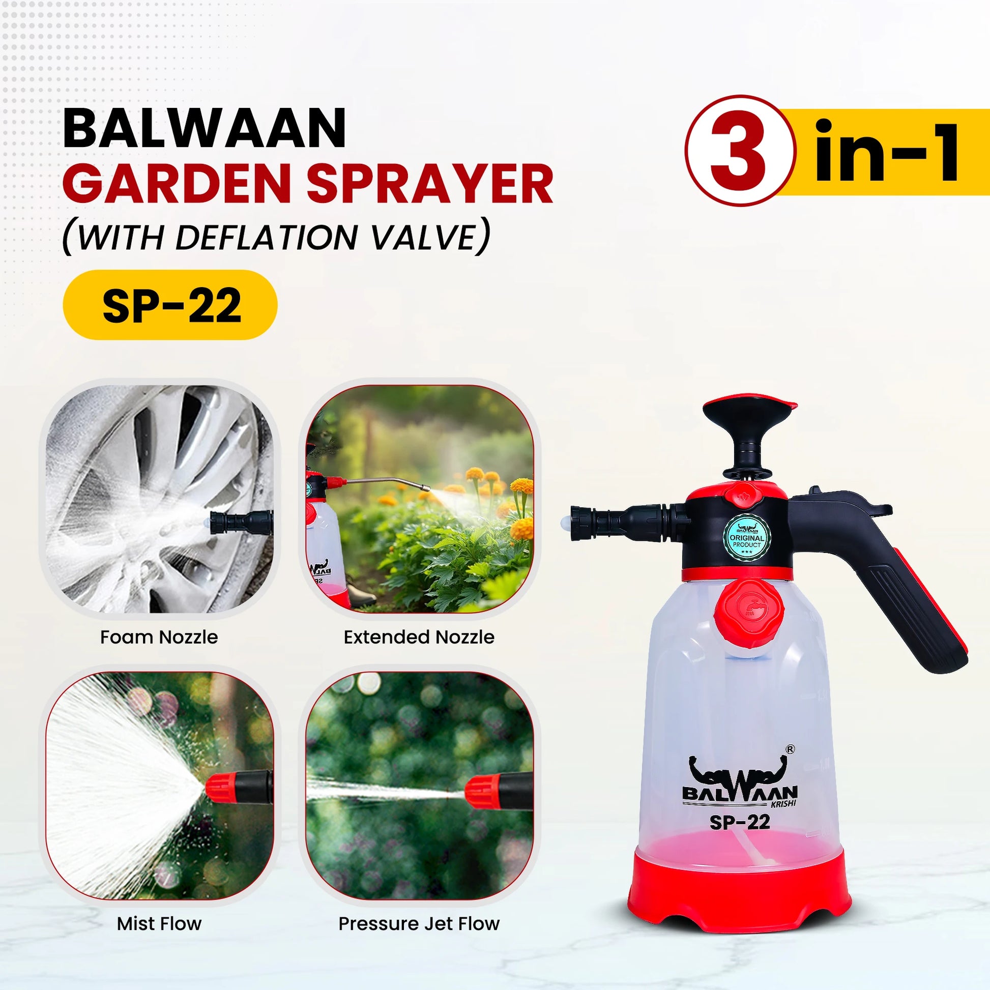 Balwaan 3 in 1 Foam Sprayer SP-22 | 2 LTR Capacity | Best for Car & Bike wash, Agriculture, Gardening, Pesticides, Glass