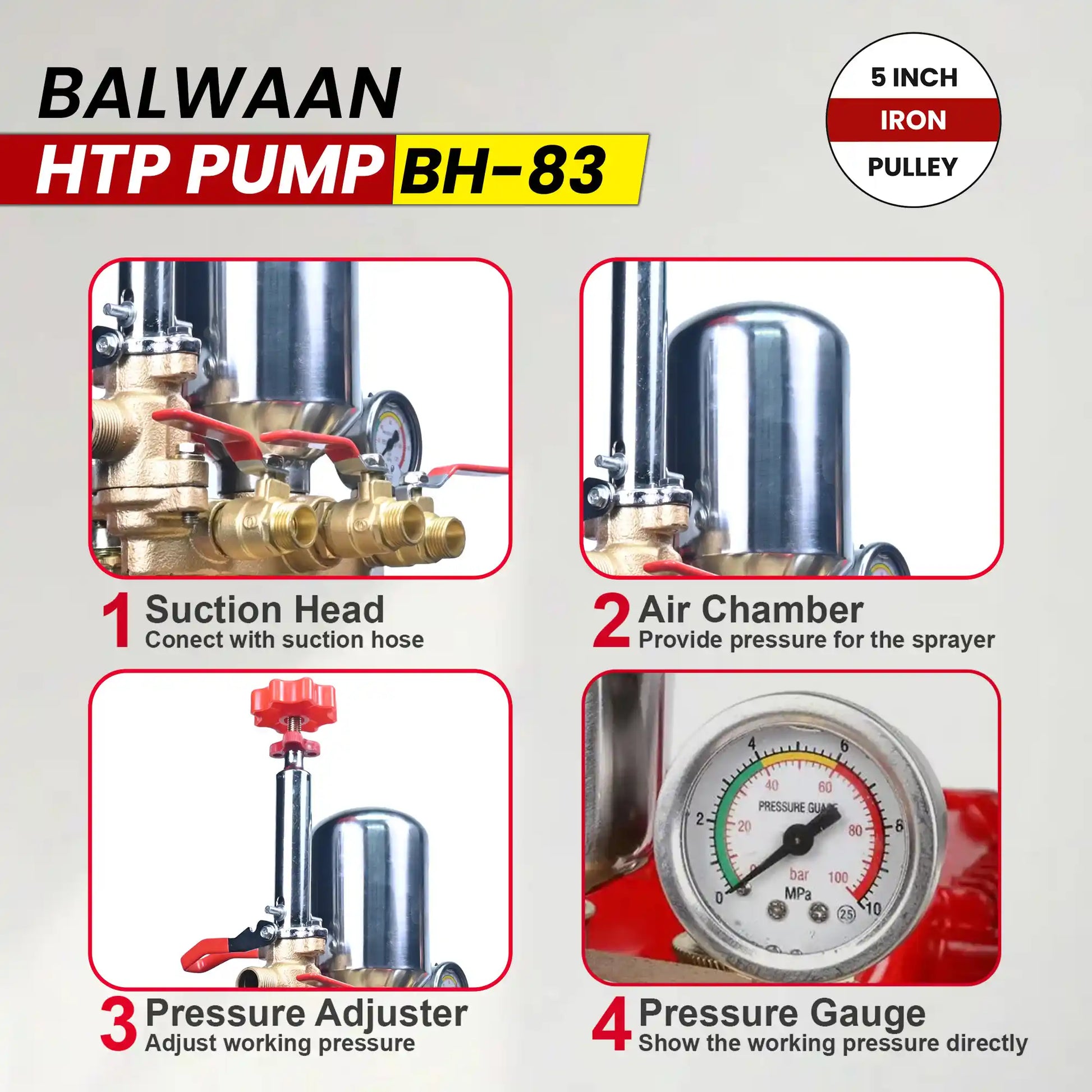 Balwaan HTP Pump BH-83 | Heavy-Duty High Pressure Triple Piston Pump with 5 Inch Iron Pulley for Spraying & Cleaning