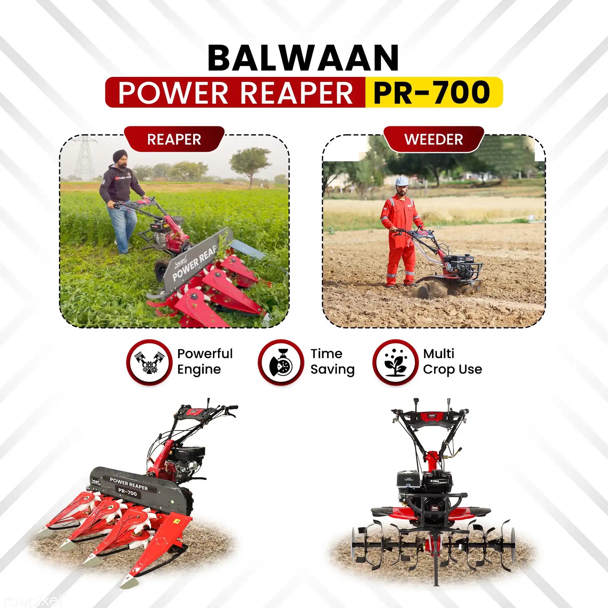 Balwaan Power Reaper PR-700 (BP-700+RA-100) | 7 HP 212cc 4-Stroke Engine | 3 Row Crop Harvester with Adjustable Handle &