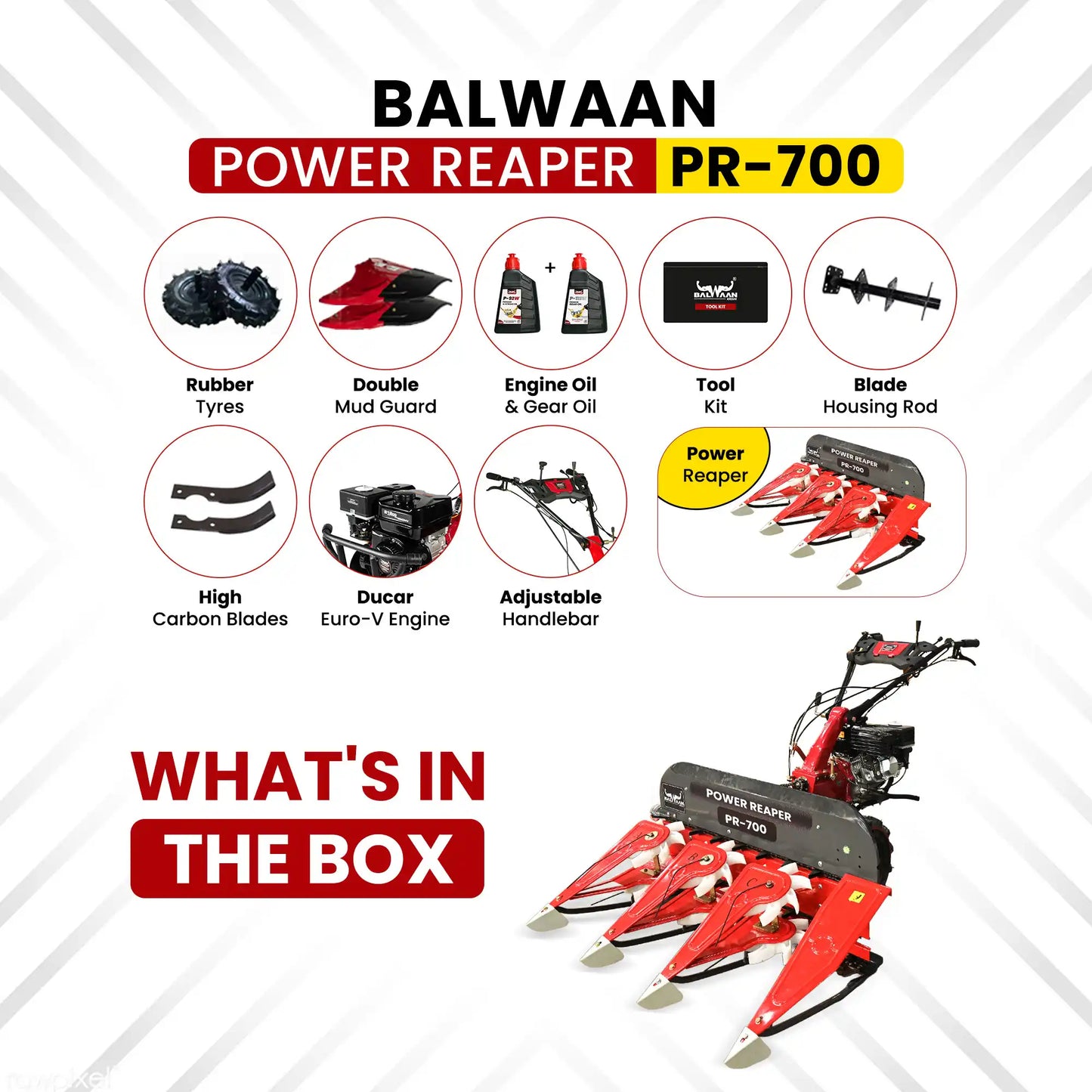 Balwaan Power Reaper PR-700 (BP-700+RA-100) | 7 HP 212cc 4-Stroke Engine | 3 Row Crop Harvester with Adjustable Handle &