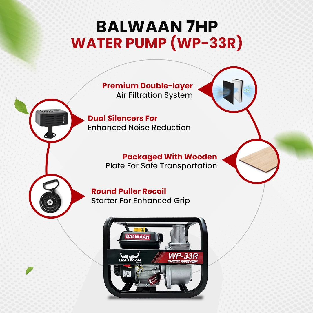 Balwaan WP-33R 7 HP Petrol Water Pump | 4-Stroke Engine, 1000–1200 L/min for Irrigation & Agriculture Use