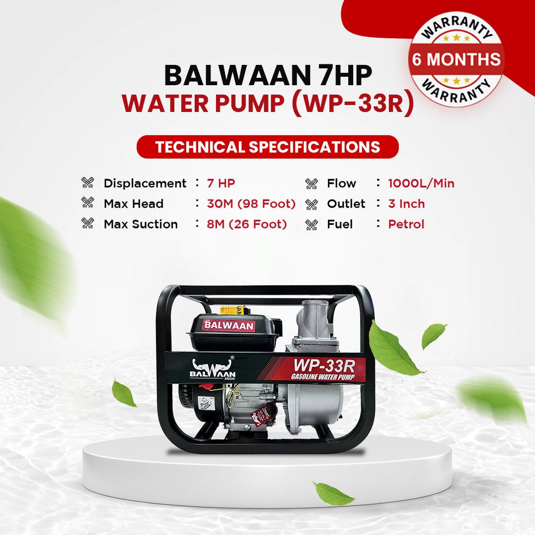 Balwaan WP-33R 7 HP Petrol Water Pump | 4-Stroke Engine, 1000–1200 L/min for Irrigation & Agriculture Use