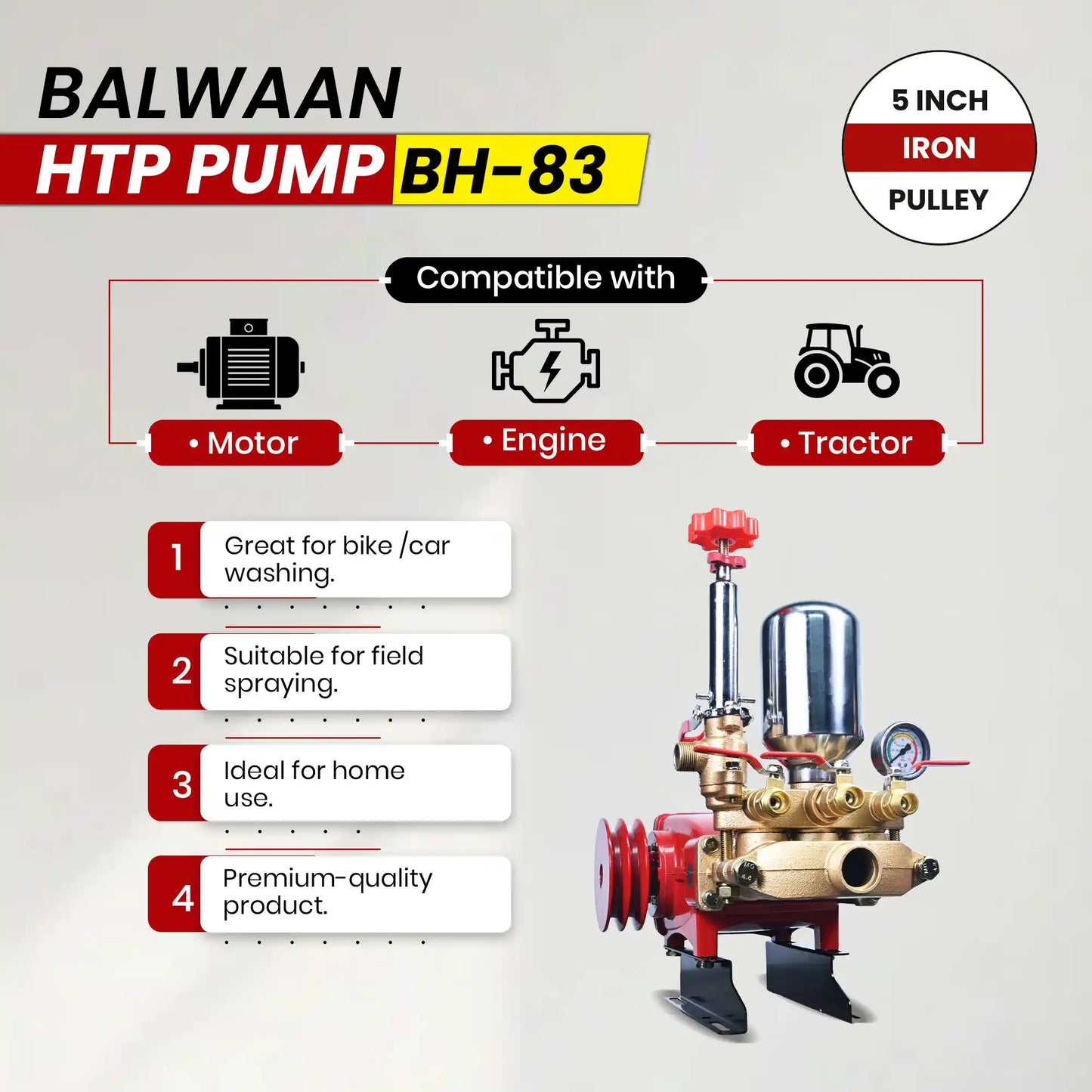 Balwaan HTP Pump BH-83 | Heavy-Duty High Pressure Triple Piston Pump with 5 Inch Iron Pulley for Spraying & Cleaning