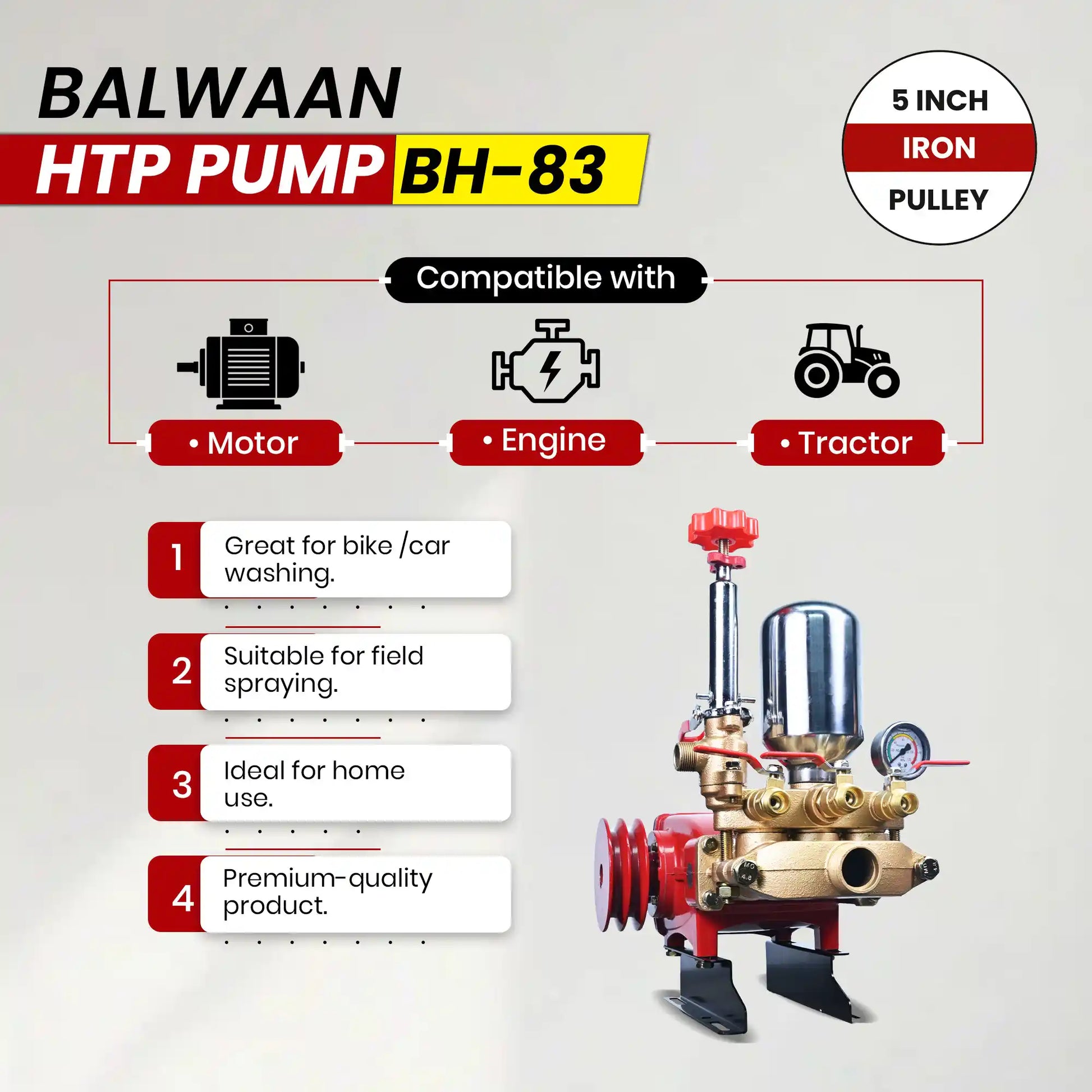 Balwaan HTP Pump BH-83 | Heavy-Duty High Pressure Triple Piston Pump with 5 Inch Iron Pulley for Spraying & Cleaning