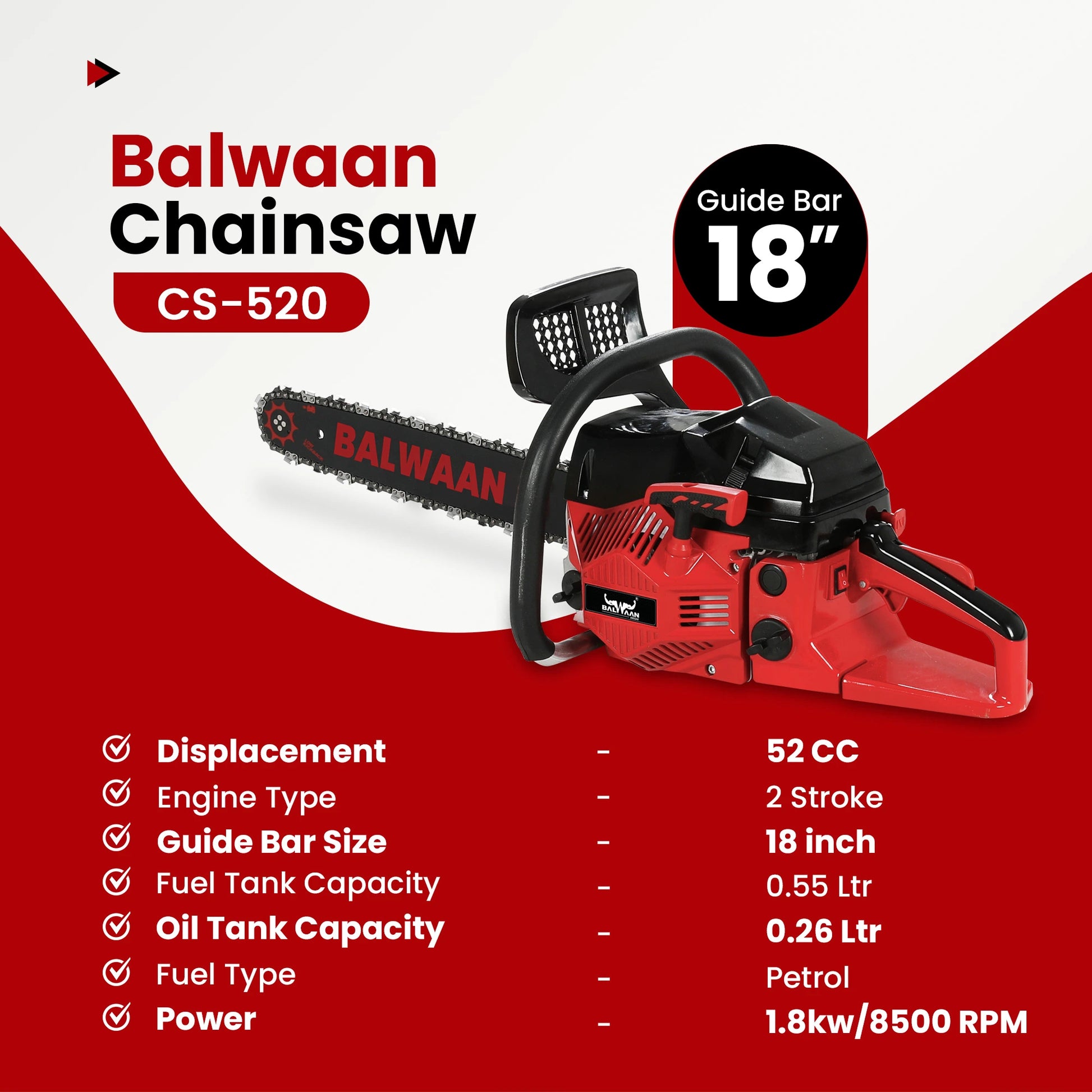 Balwaan CS-520 Chainsaw| 18 Inches