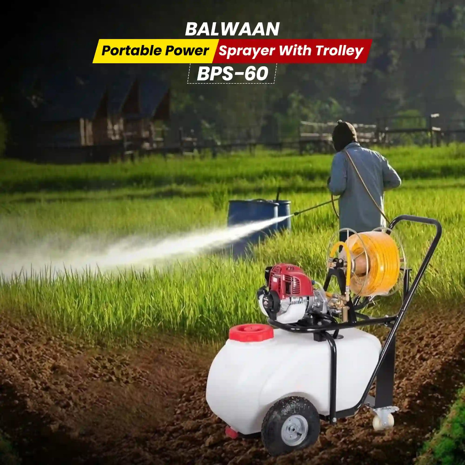 Balwaan BPS-60 Portable Power Sprayer with Trolley | 50L Tank | 35CC Petrol Engine | 30m Hose | Brass Pump | For Pestici