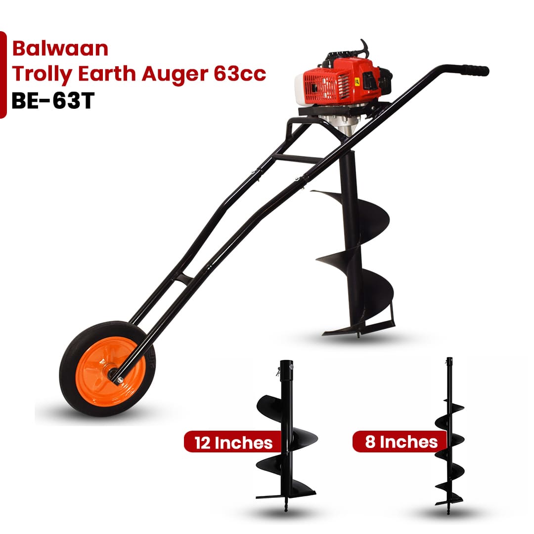 Balwaan Trolly Earth Auger with 8 Inch & 12 Inch Planter| 63cc