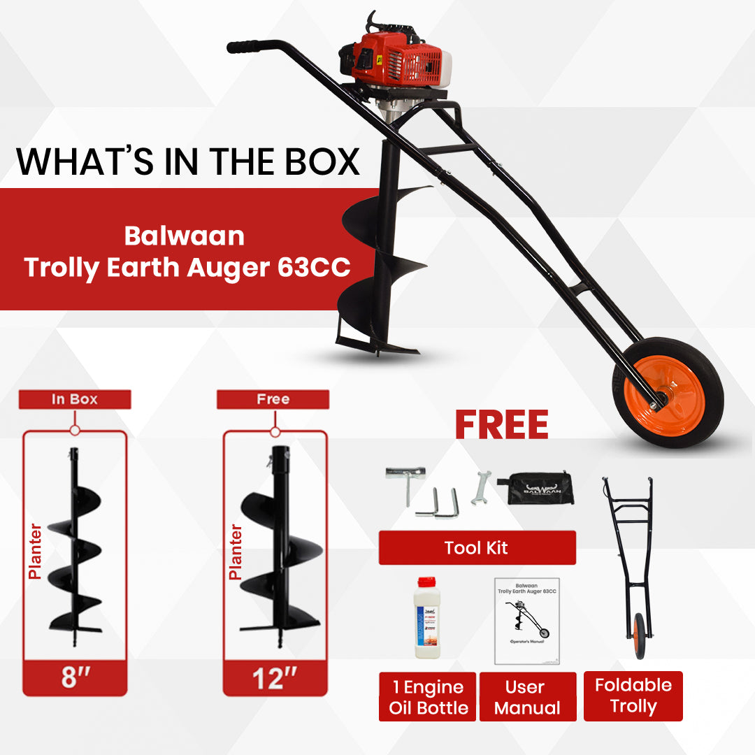 Balwaan Trolly Earth Auger with 8 Inch & 12 Inch Planter| 63cc