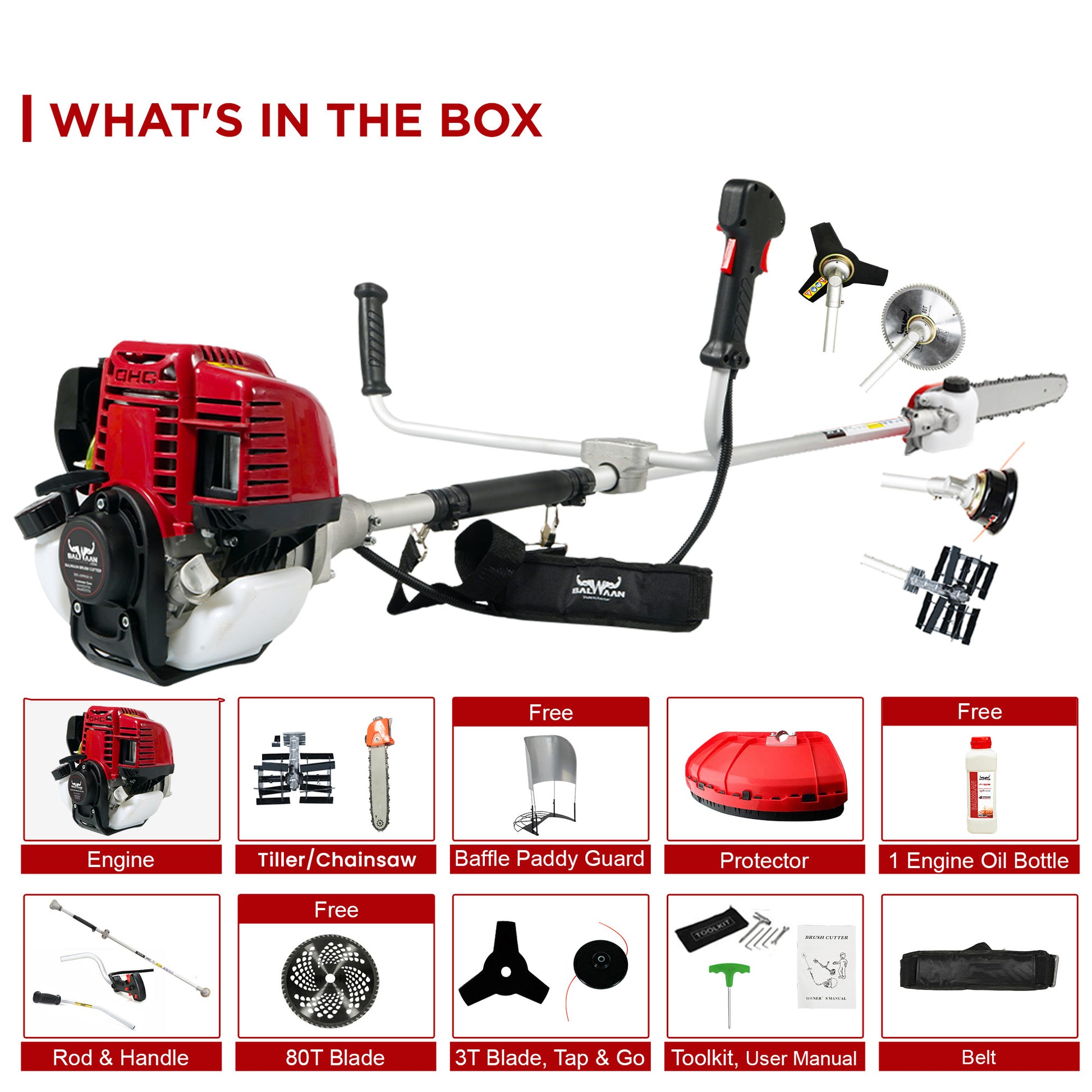Balwaan BX-35 Brush cutter with Chainsaw & Tiller Attachment