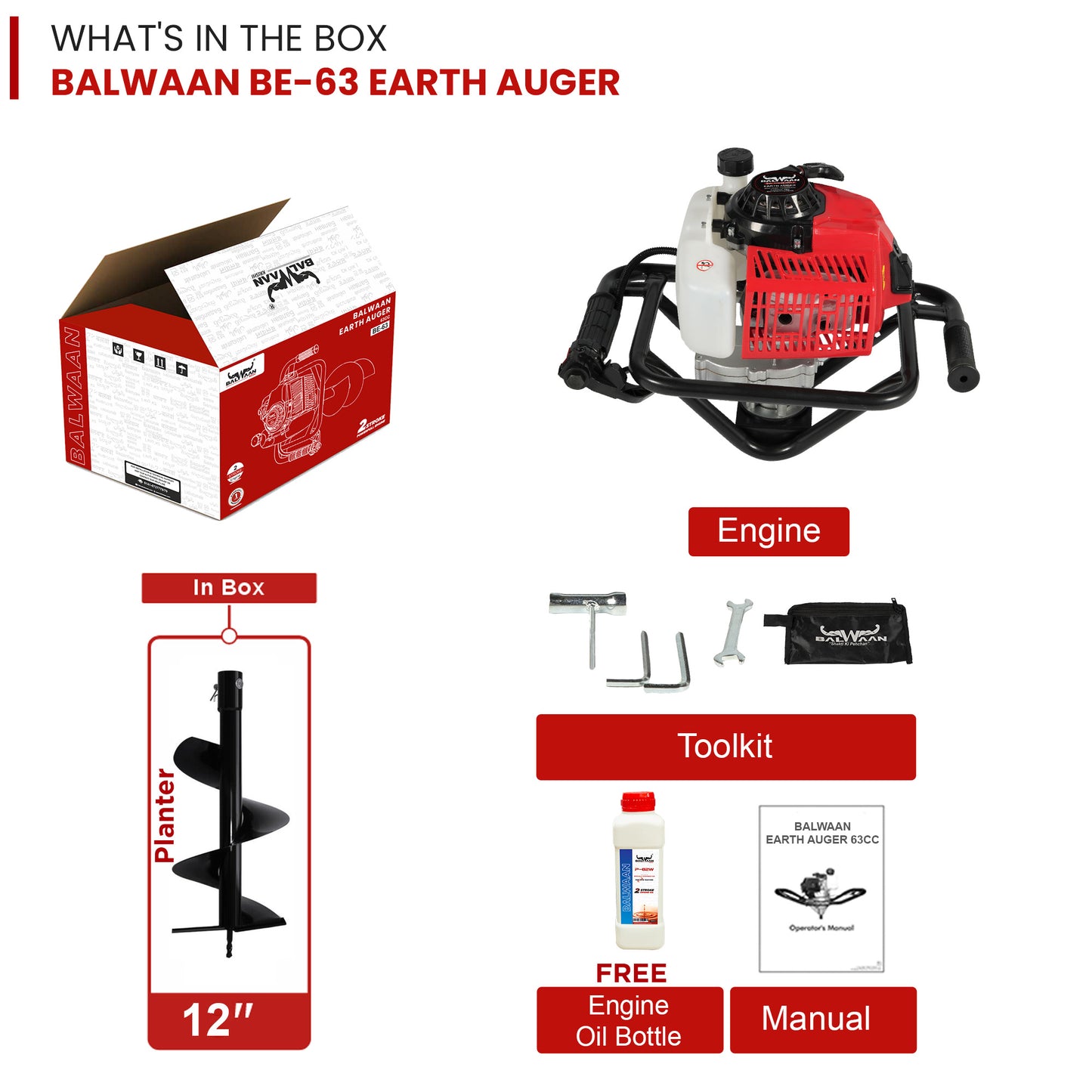 Balwaan 63cc Earth Auger with 12 Inch Planter| BE-63 (12 Inch)