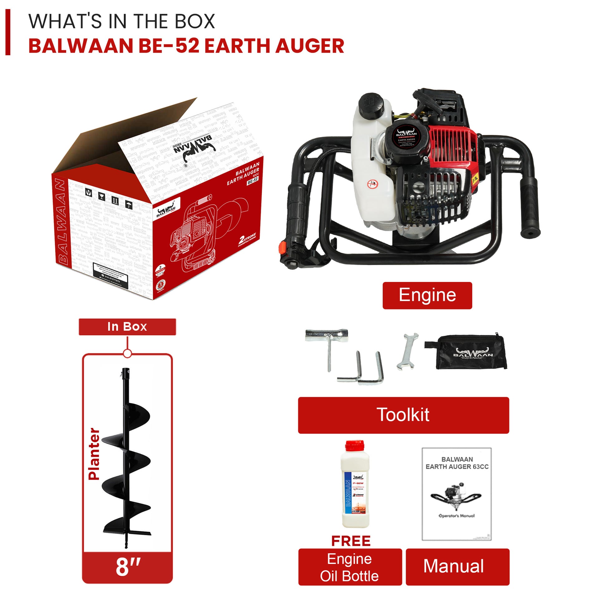 Balwaan 52cc Earth Auger with 8 Inch Planter| BE-52 (8 Inch)