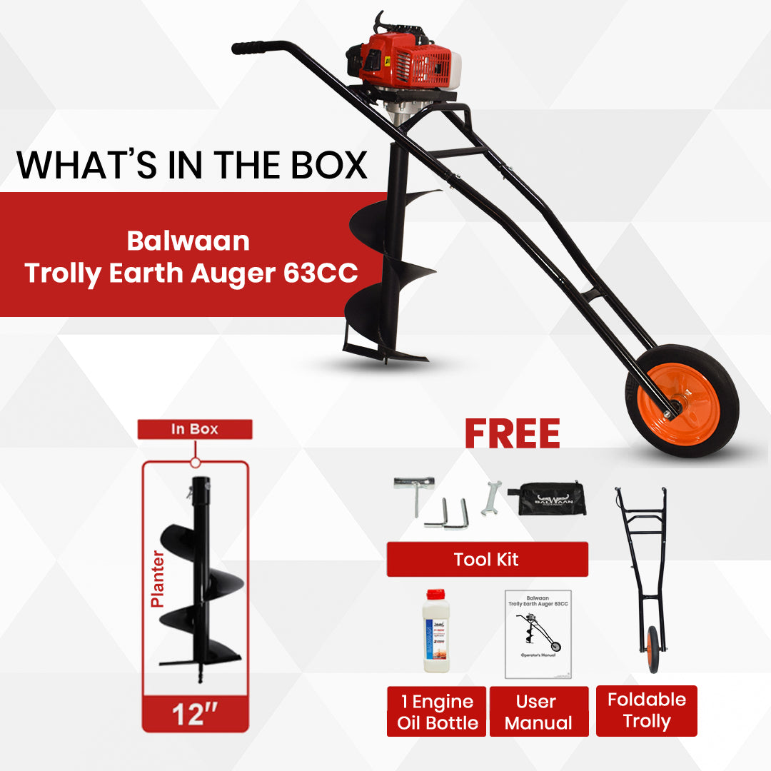 Balwaan Trolly Earth Auger with 12 Inch Planter| 63CC