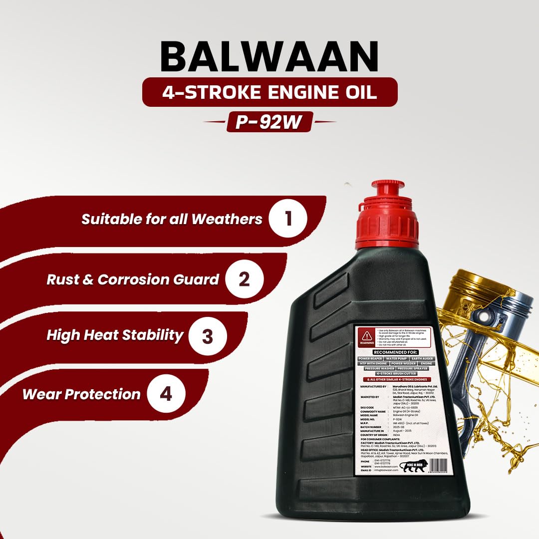 Balwaan Krishi Premium 4-Stroke Engine Oil (P-92W)| 650ml | High Heat Stability | Rust Guard