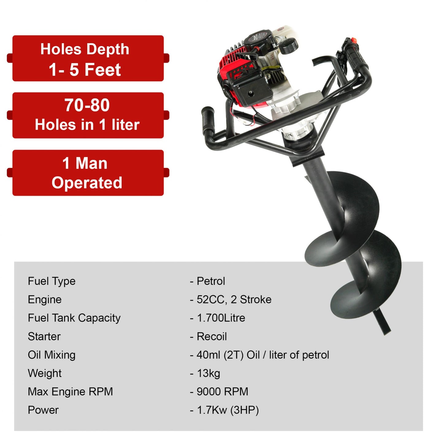 Balwaan 52cc Earth Auger with 8 Inch & 12 Inch Planter| BE-52